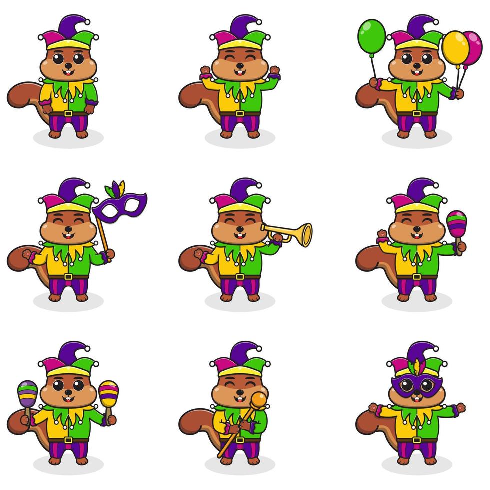 Vector illustration Squirrel wearing mardi gras clothes in different poses isolated on white background. A cartoon illustration of a Mardi Gras Squirrel. Mardi Gras jester, set.