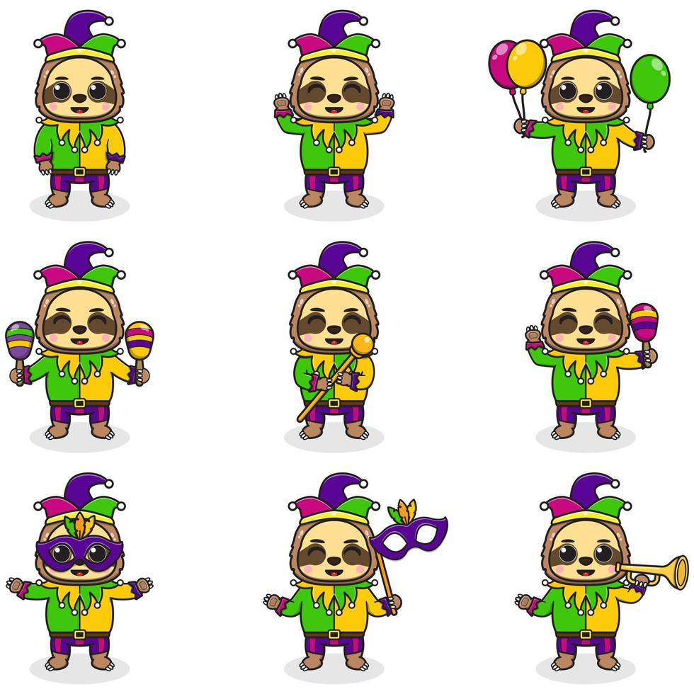 Vector illustration Sloth wearing mardi gras clothes in different poses isolated on white background. A cartoon illustration of a Mardi Gras Sloth. Mardi Gras jester, set.