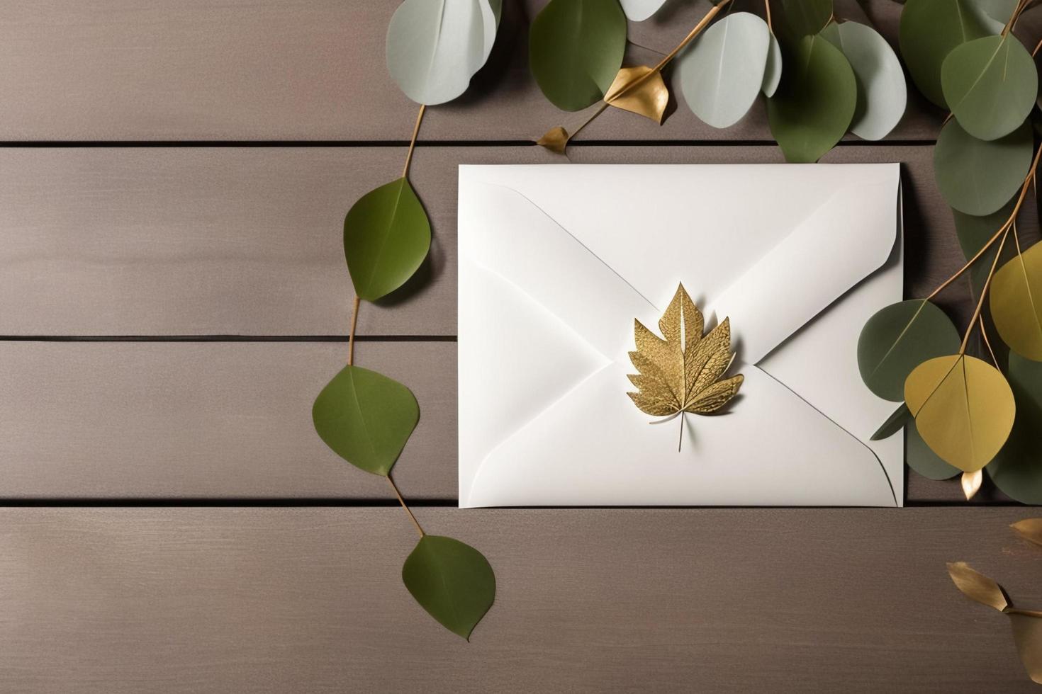 Mockup for a letter or wedding invitation with branches and leaves. Natural light and shade coverage. photo