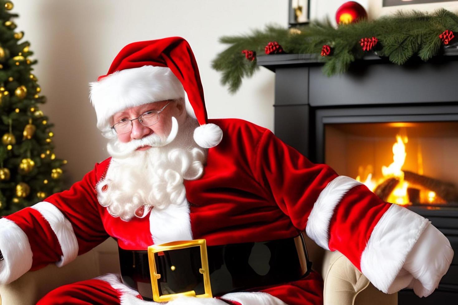 Cheerful Santa Claus is placing gift boxes. Merry Christmas and happy holidays. photo