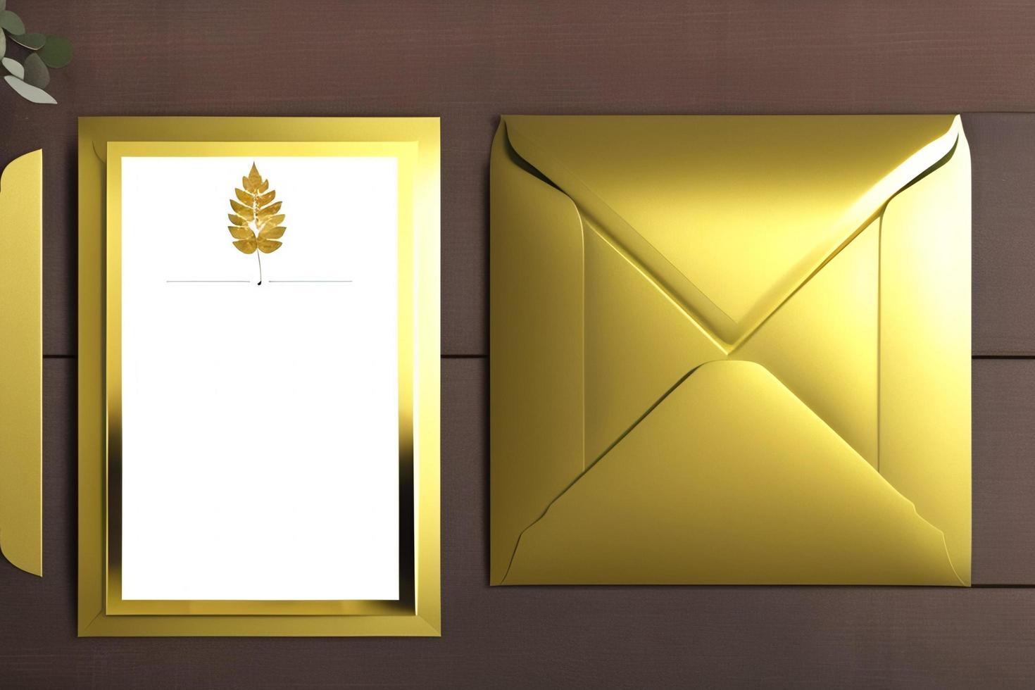 Mockup for a letter or wedding invitation with branches and leaves. Natural light and shade coverage. photo