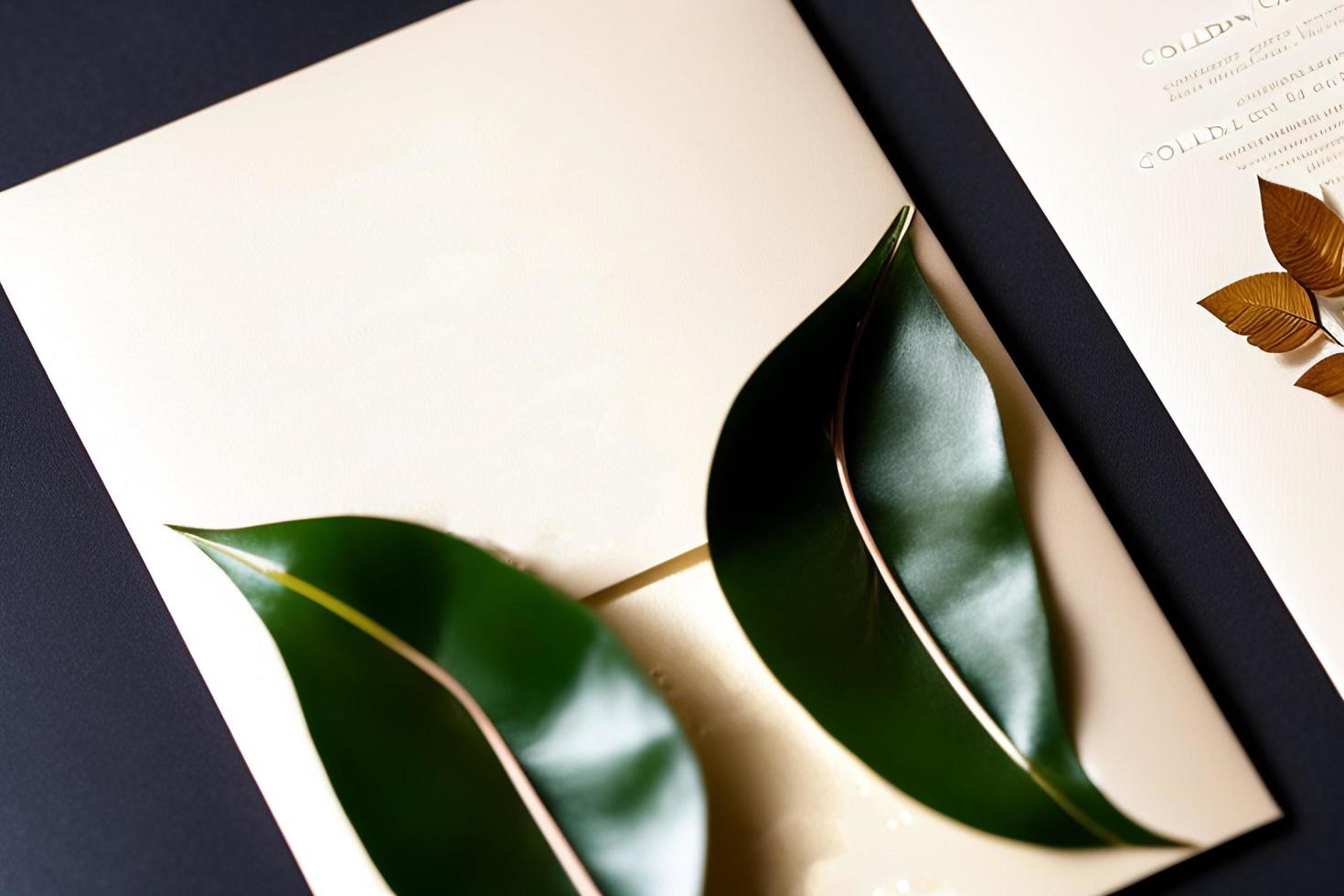 Mockup for a letter or wedding invitation with branches and leaves. Natural light and shade coverage. photo