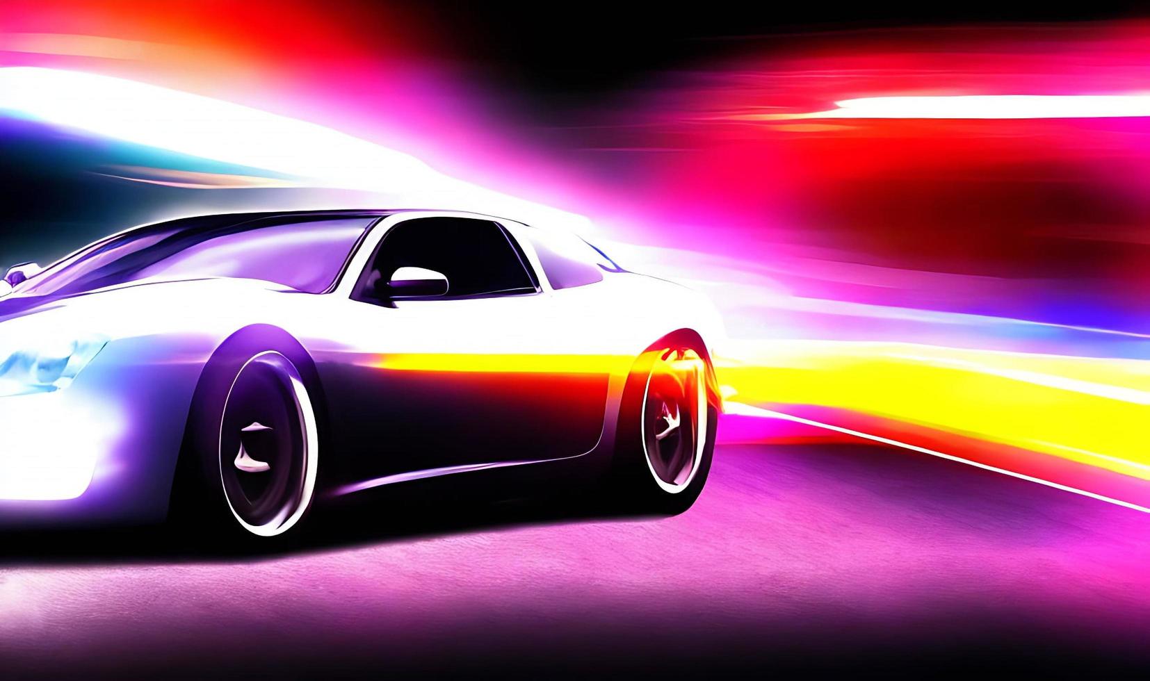 High speed sports car in the city. Neon night city background. photo