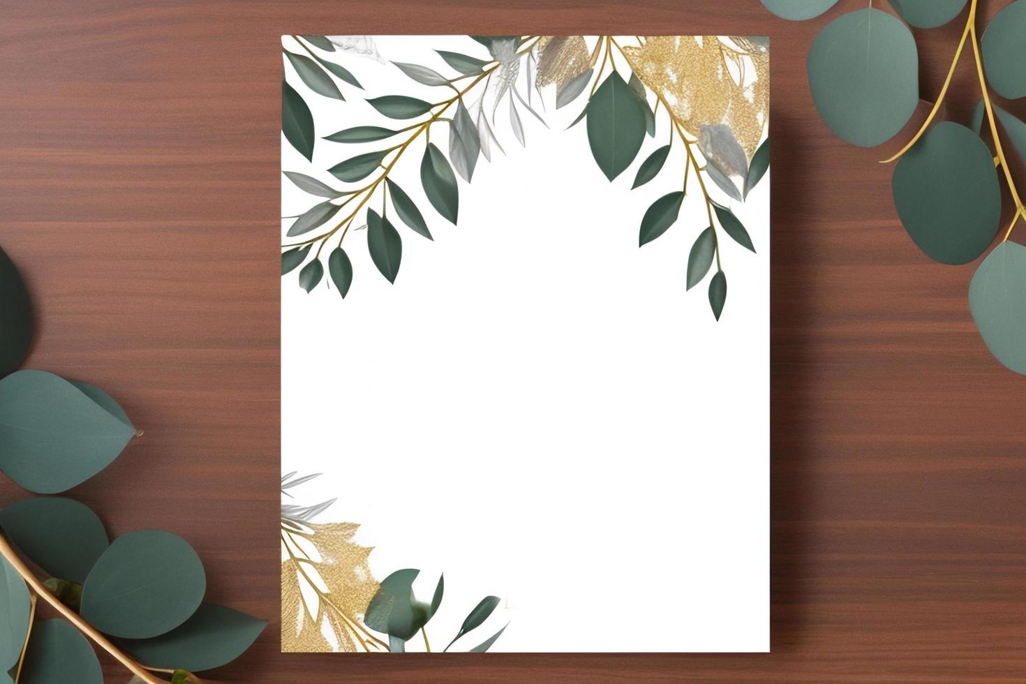 Mockup for a letter or wedding invitation with branches and leaves. Natural light and shade coverage. photo