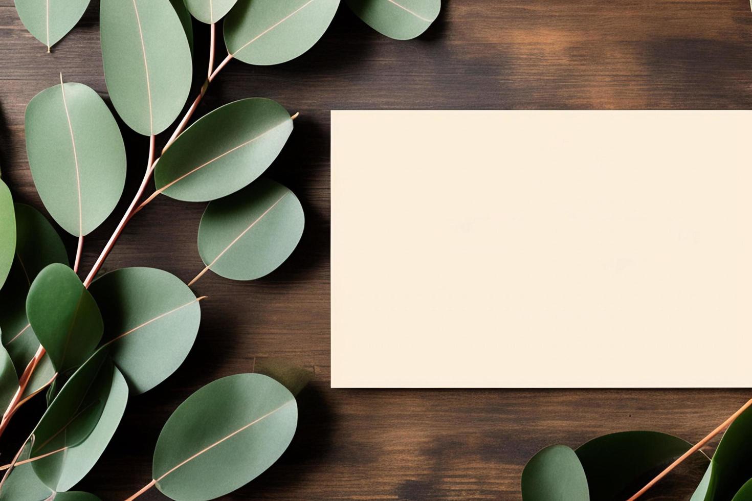 Mockup for a letter or wedding invitation with branches and leaves. Natural light and shade coverage. photo