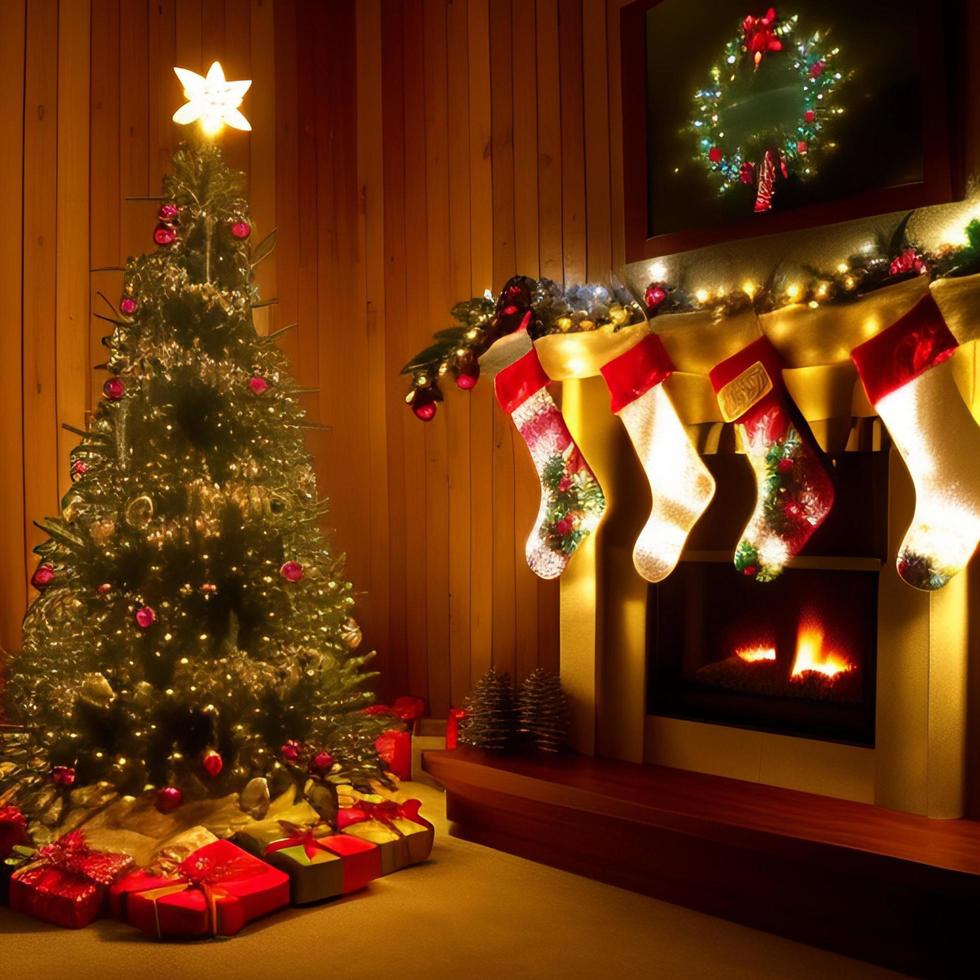 Christmas concept. Decorated Christmas Tree Near Fireplace at Home