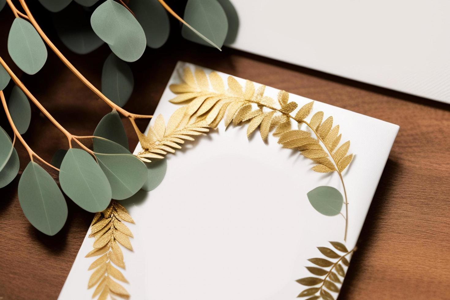 Mockup for a letter or wedding invitation with branches and leaves. Natural light and shade coverage. photo