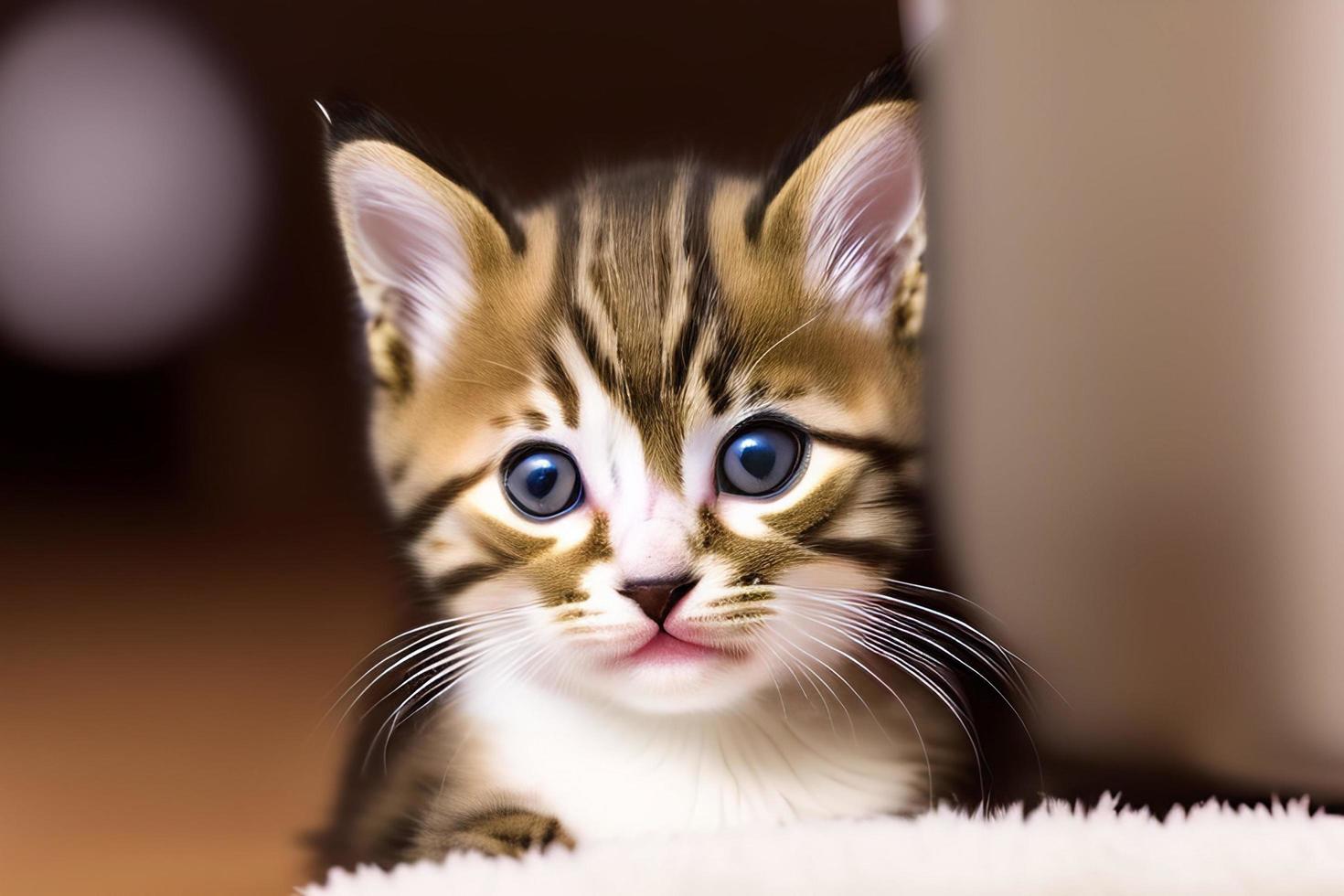 Cute and curious, playful kitten looks around. Close-up. photo