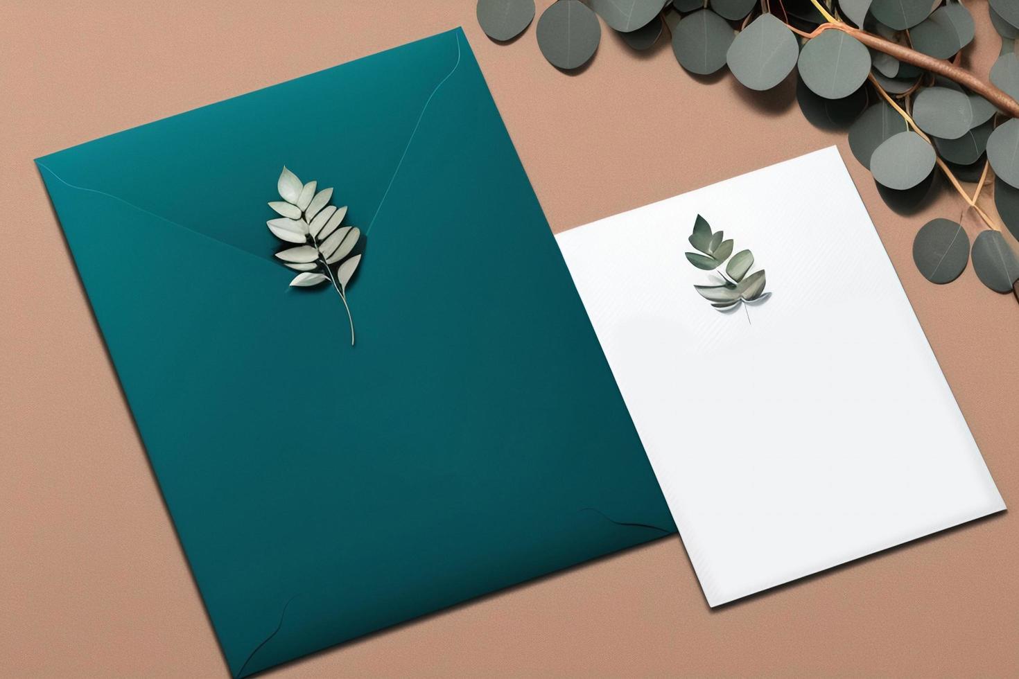 Mockup for a letter or wedding invitation with branches and leaves. Natural light and shade coverage. photo
