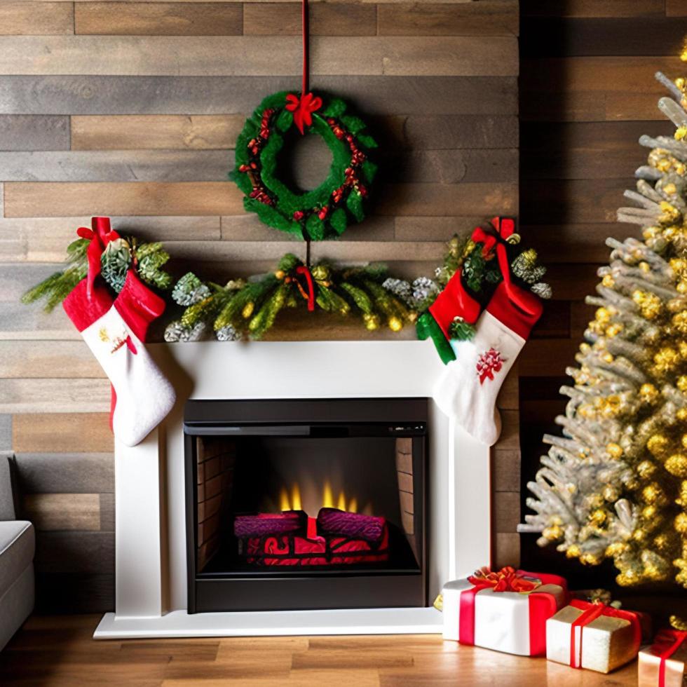 concepto de navidad. árbol de navidad decorado cerca de la chimenea en casa. foto