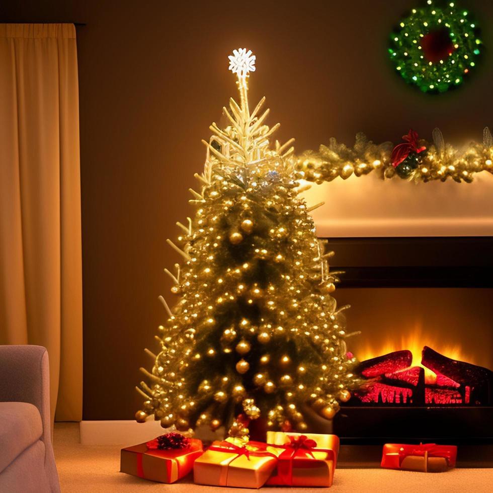 Christmas concept. Decorated Christmas Tree Near Fireplace at Home. photo