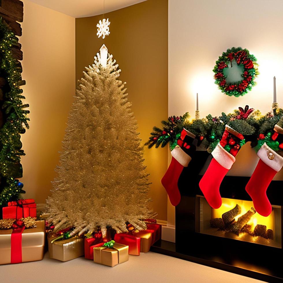 Christmas concept. Decorated Christmas Tree Near Fireplace at Home. photo