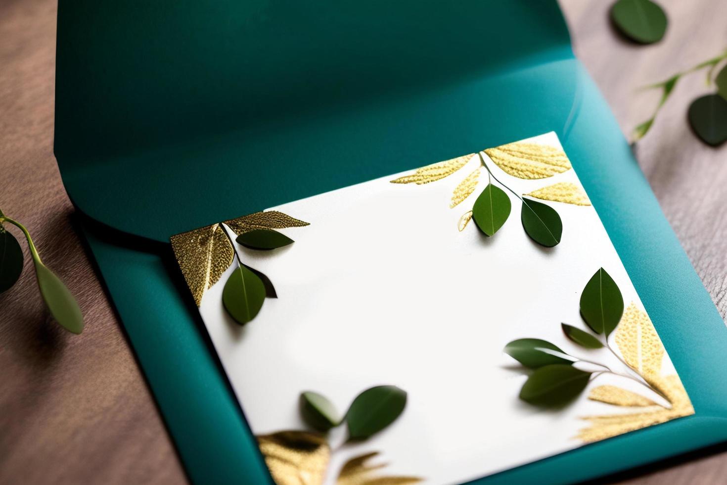 maqueta para una carta o invitación de boda con ramas y hojas. Cobertura natural de luz y sombra. foto