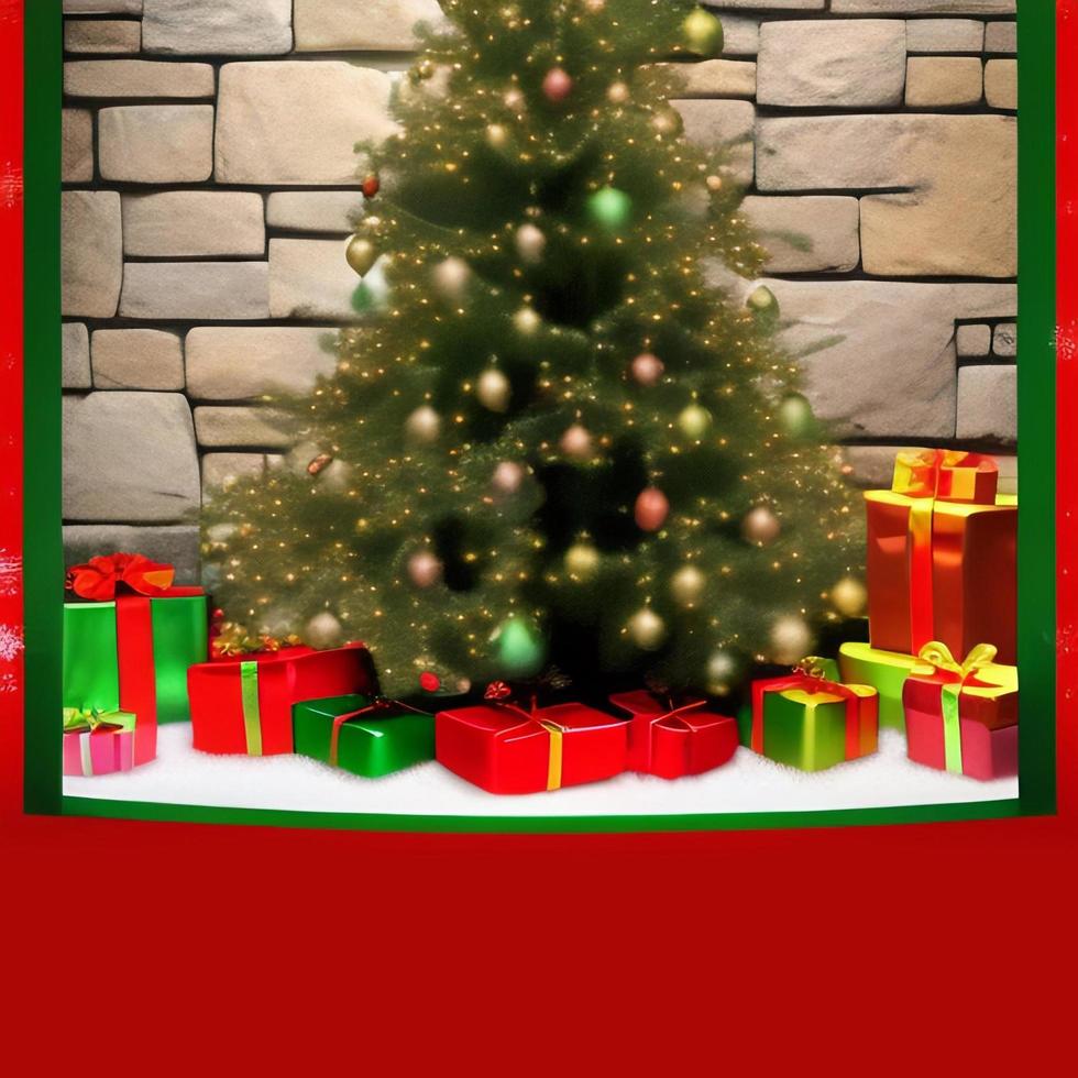 Christmas concept. Decorated Christmas Tree Near Fireplace at Home. photo