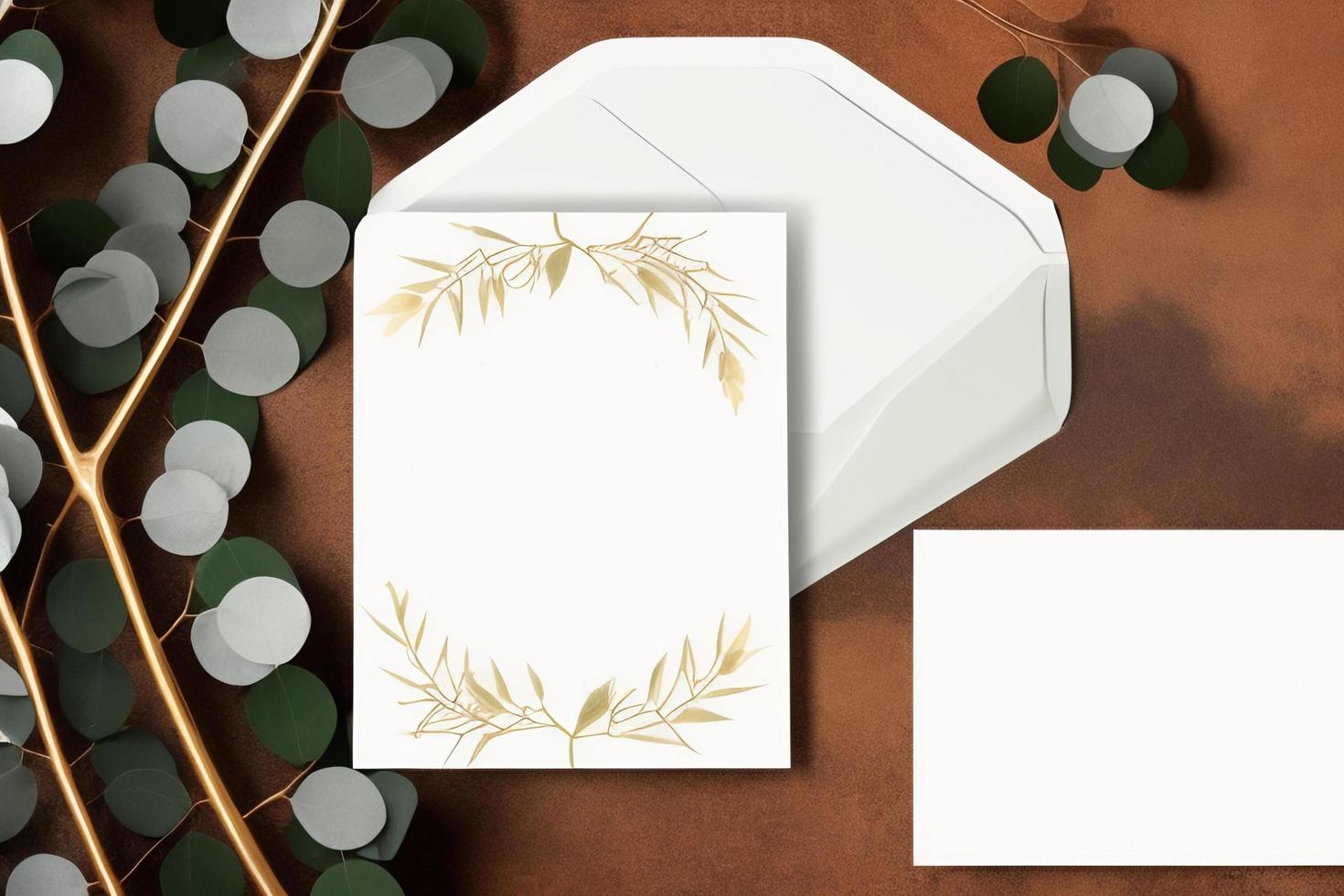 Mockup for a letter or wedding invitation with branches and leaves. Natural light and shade coverage. photo