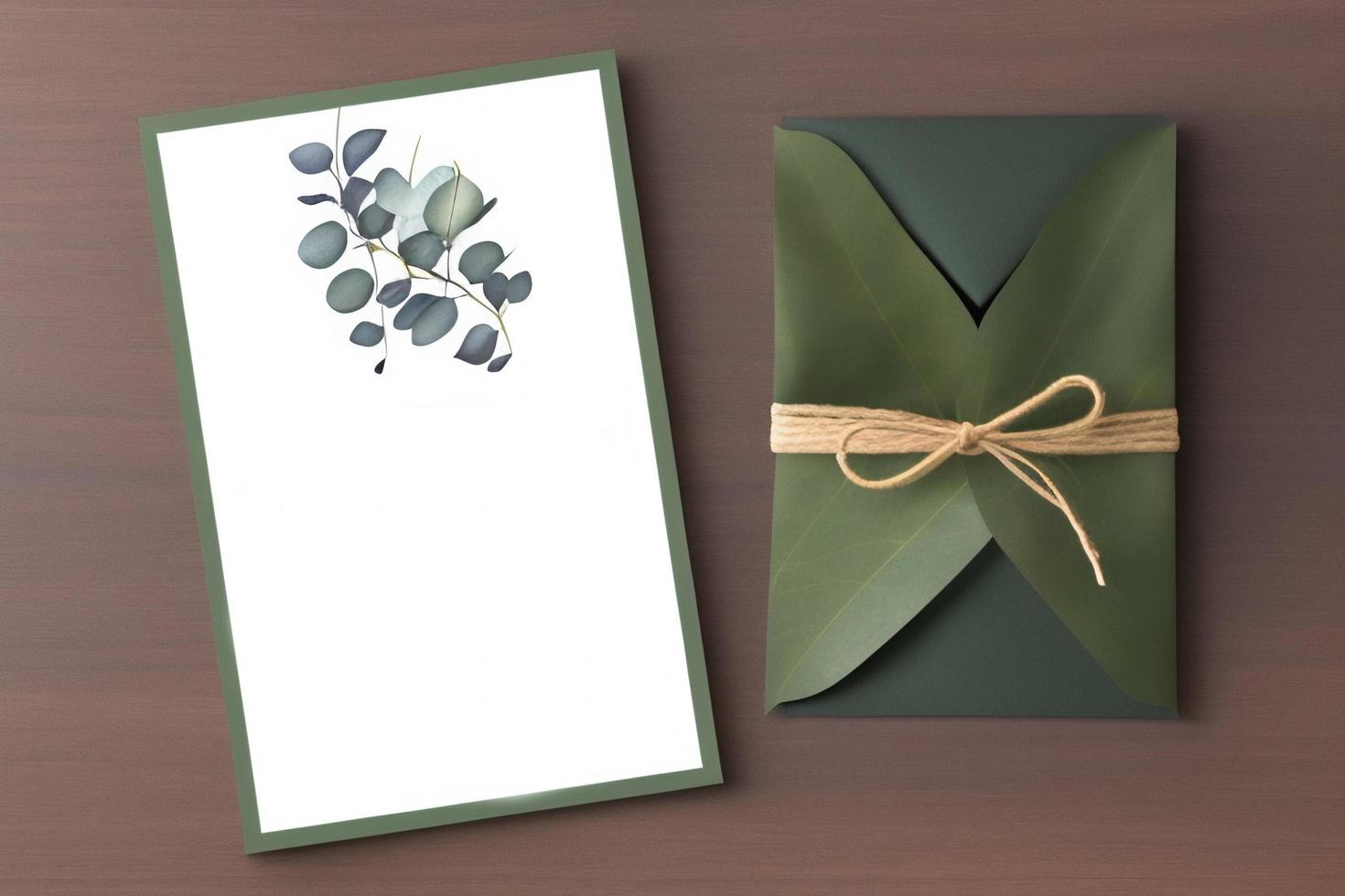 Mockup for a letter or wedding invitation with branches and leaves. Natural light and shade coverage. photo