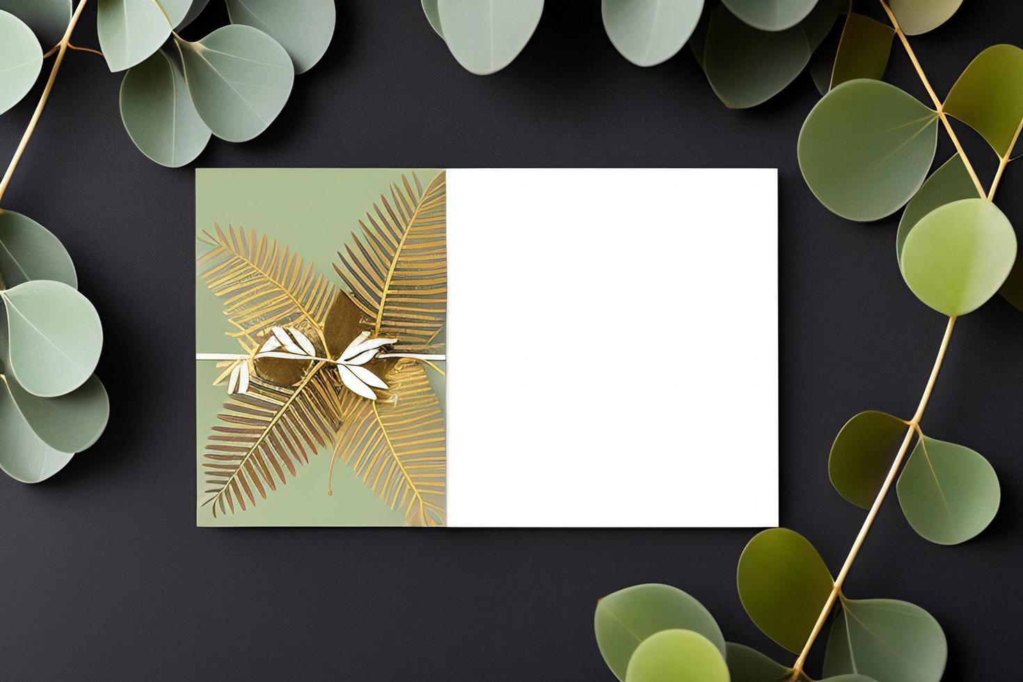 Mockup for a letter or wedding invitation with branches and leaves. Natural light and shade coverage. photo