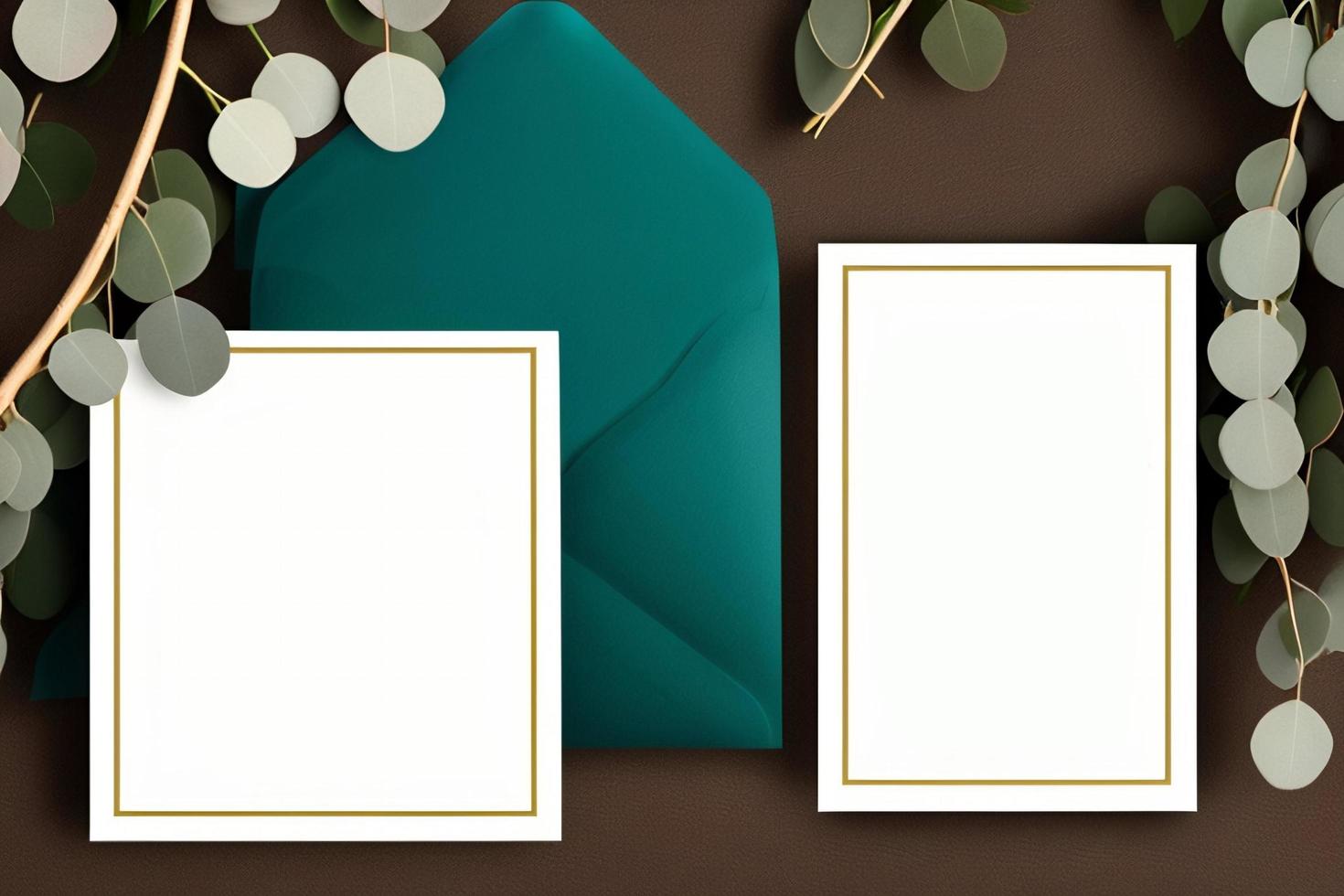 Mockup for a letter or wedding invitation with branches and leaves. Natural light and shade coverage. photo