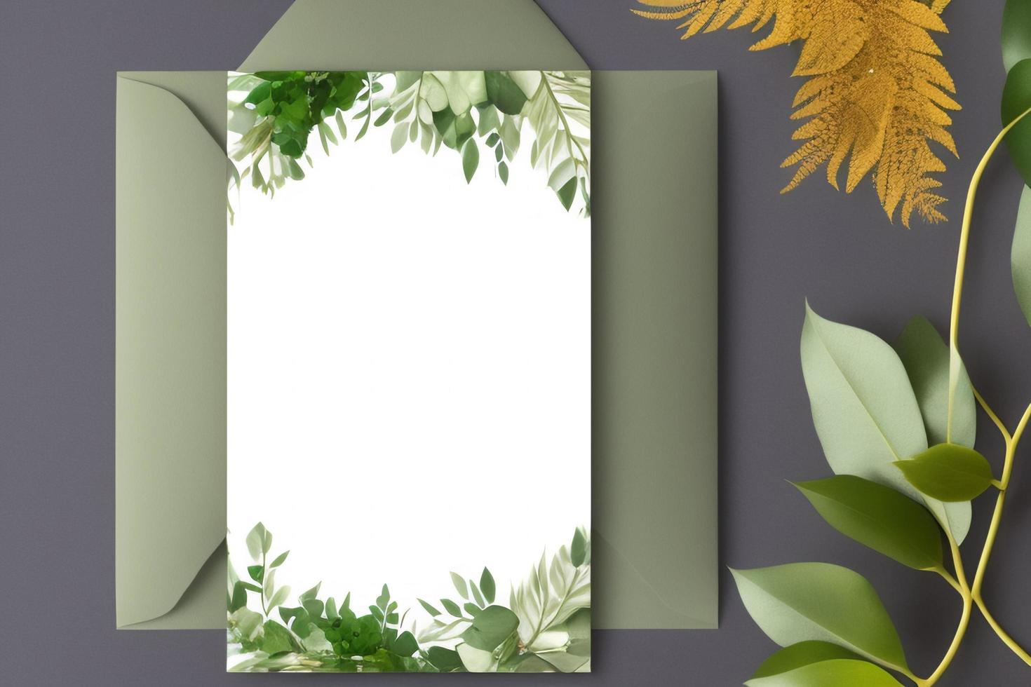 Mockup for a letter or wedding invitation with branches and leaves. Natural light and shade coverage. photo