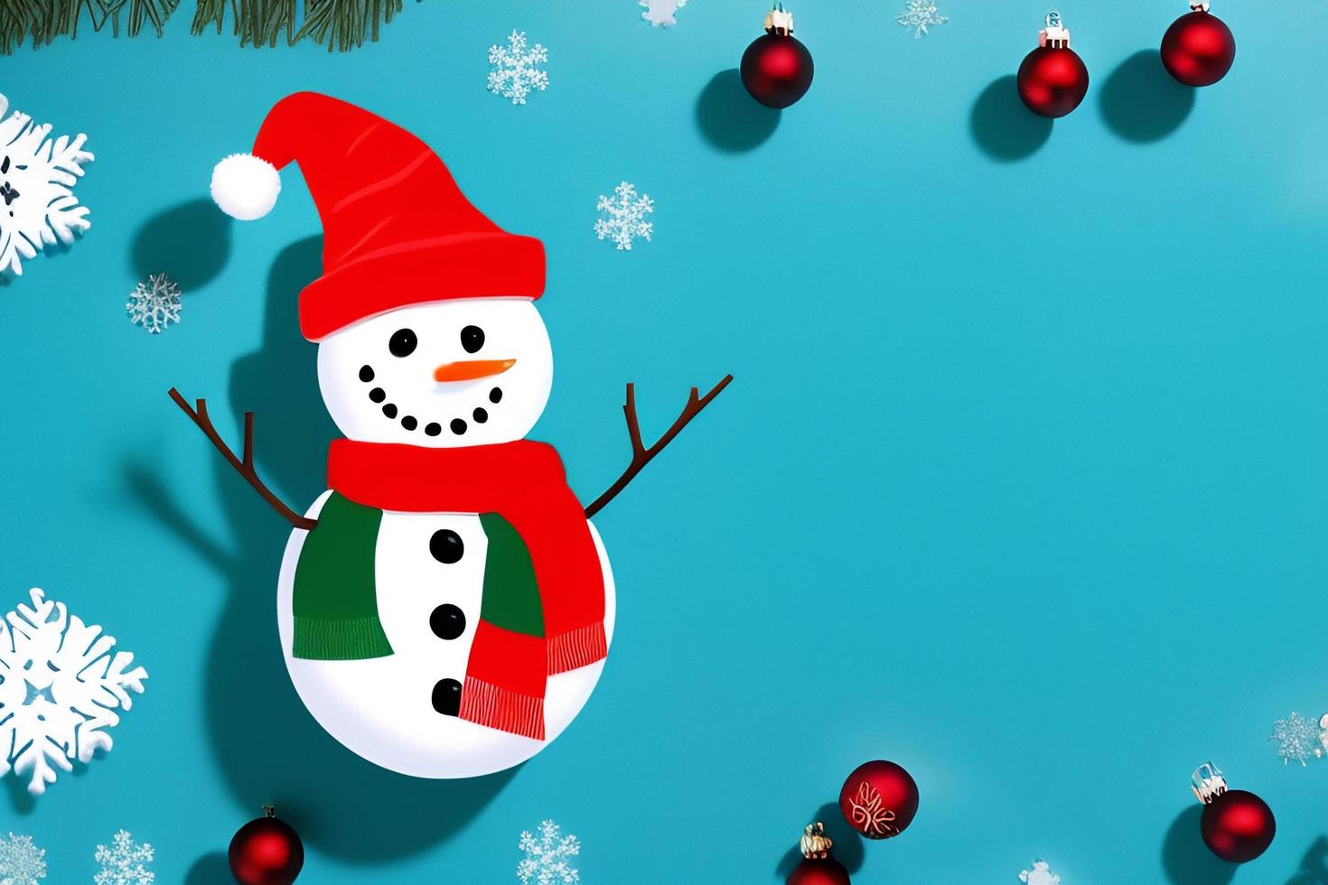 Funny snowman. Merry christmas and happy new year greeting card. Snowy background. photo