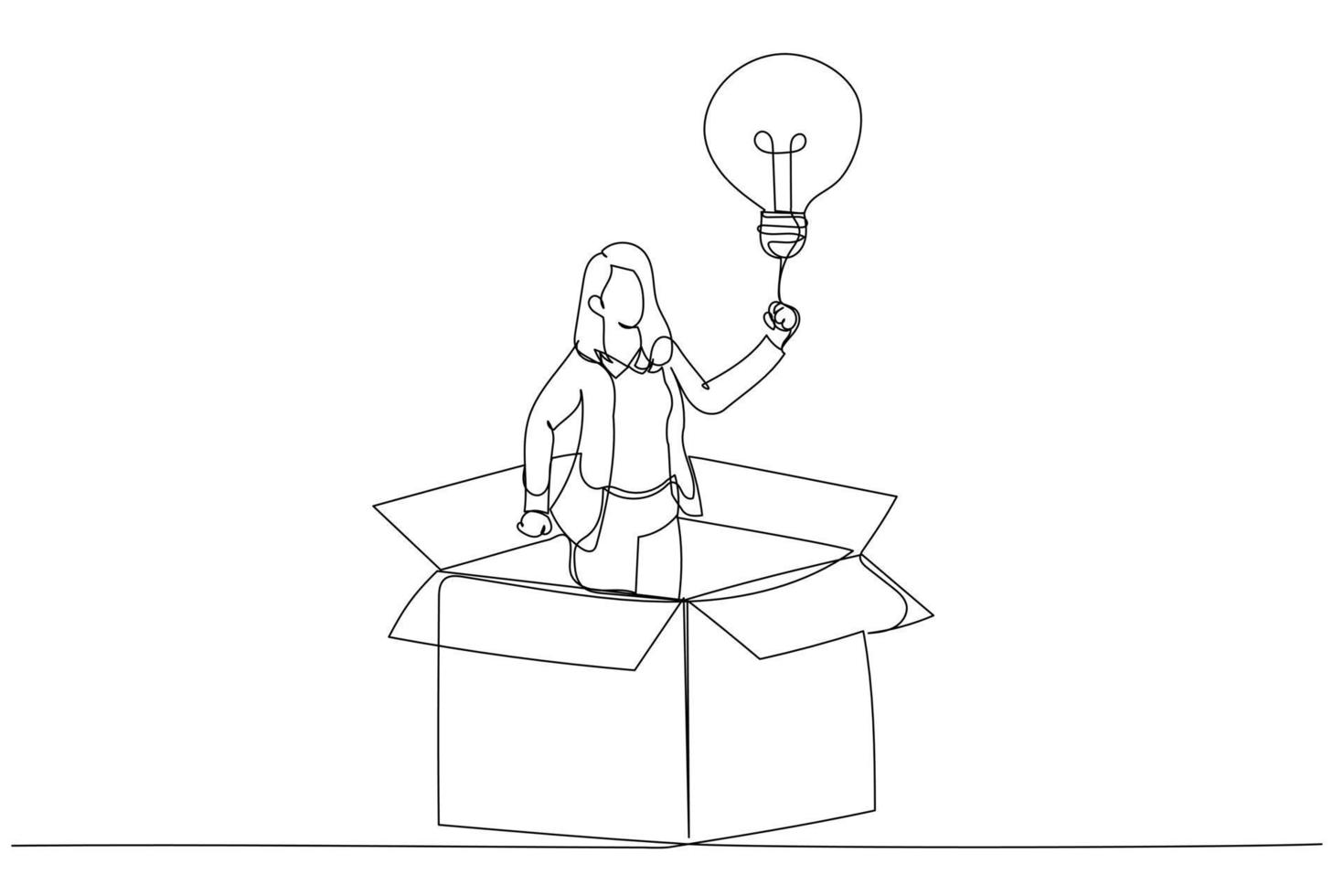 Drawing of businesswoman get out of paper box with new illumination lightbulb idea. Think outside the box. Single line art style vector