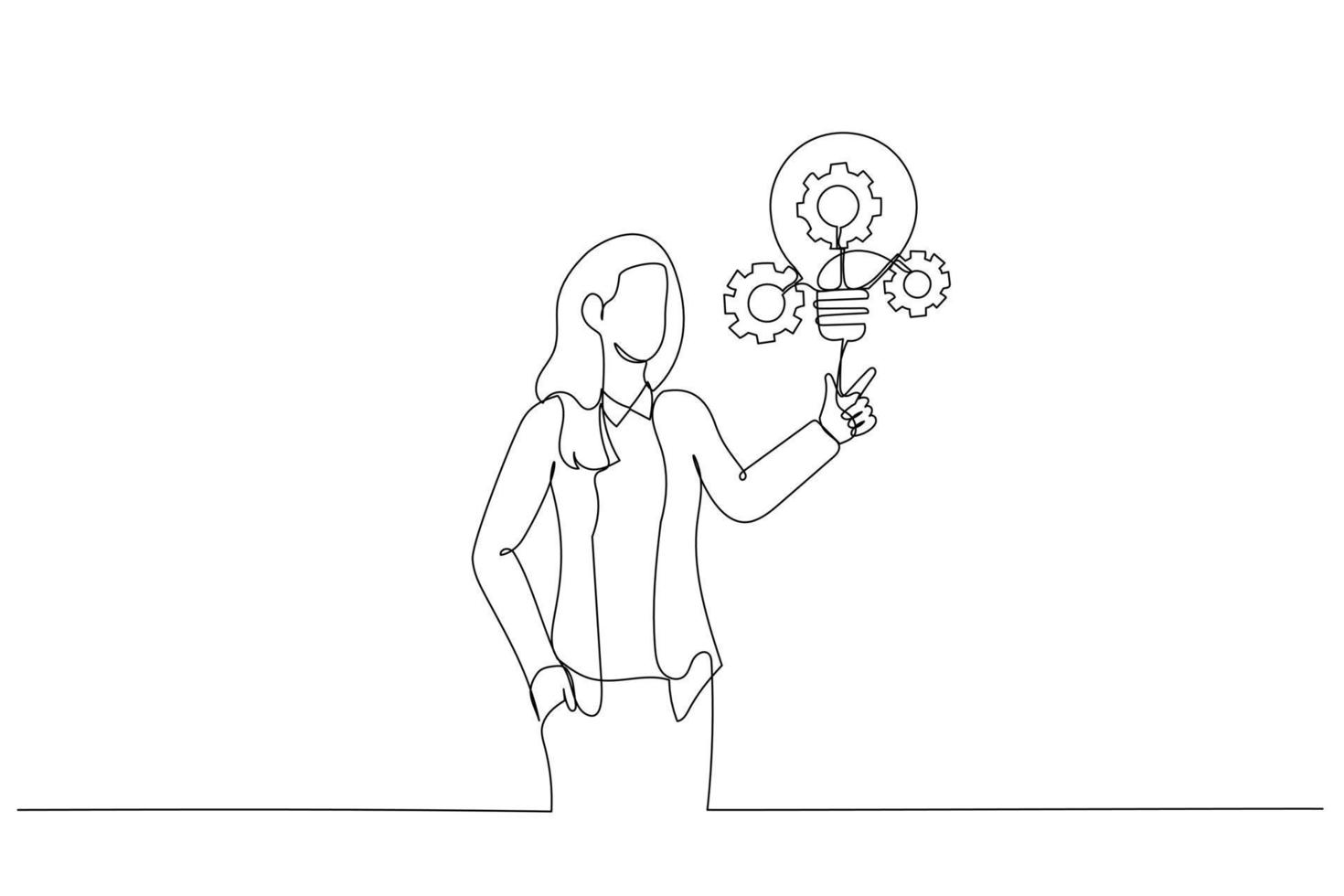 Cartoon of businesswoman presenting innovative lightbulb with cogs and gears concept of Innovation. Single continuous line art style vector