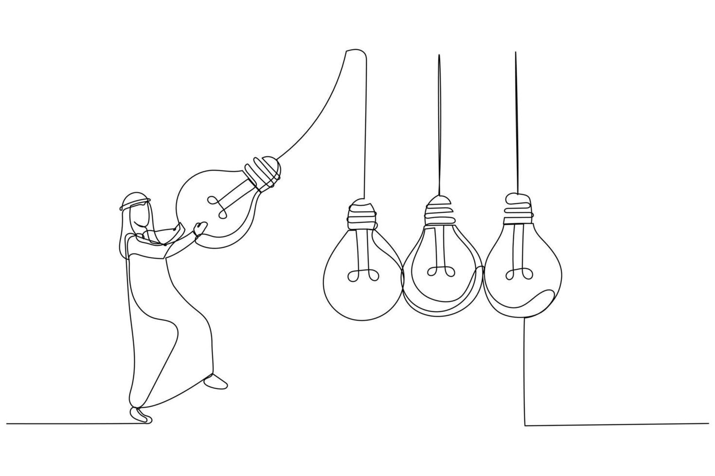 Drawing of arab muslim businessman manager pull bright lightbulb as pendulum to transfer knowledge. One continuous line art style vector