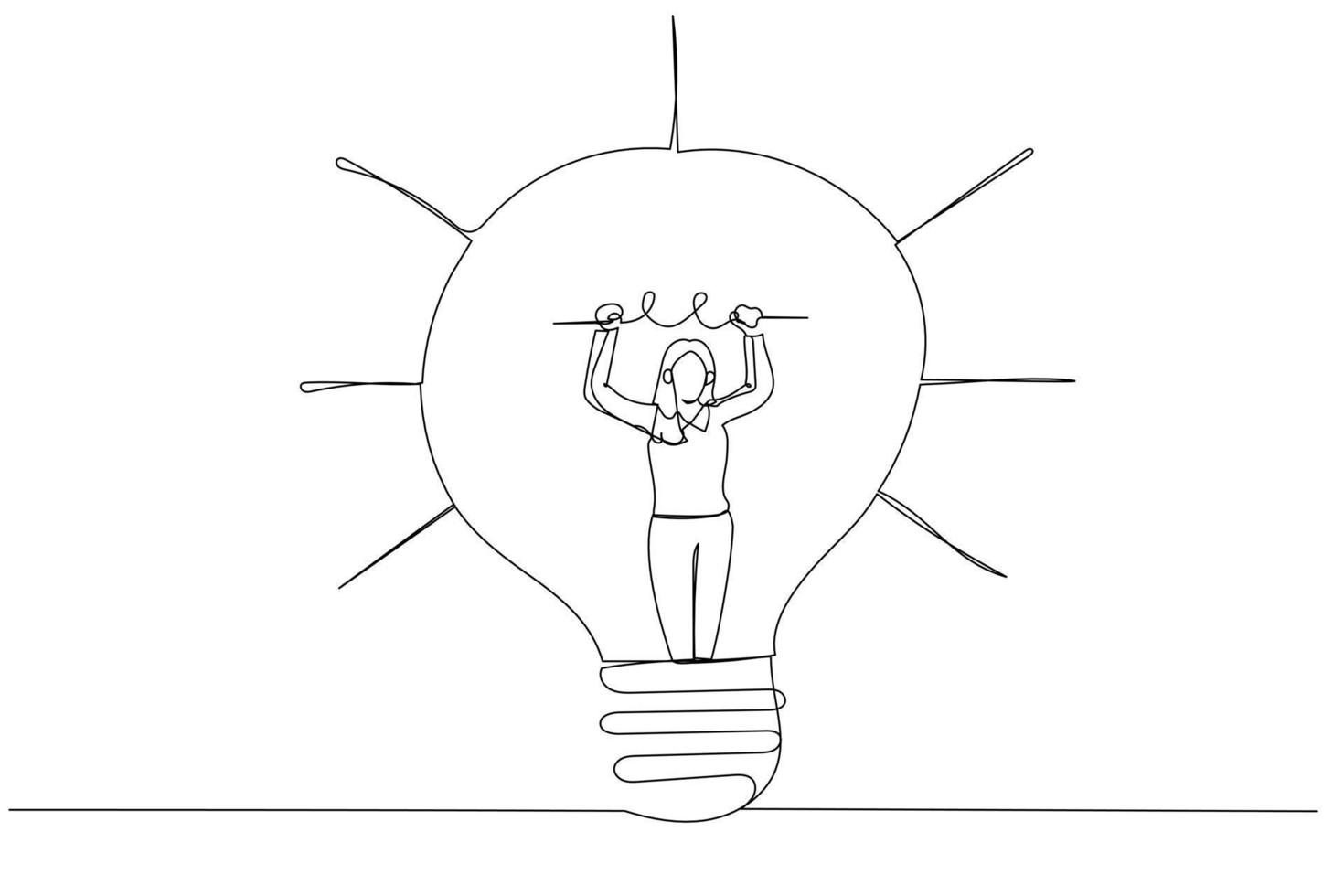 Cartoon of businesswoman go inside light bulb to fix or invent new idea metaphor of entrepreneurship. One line style art vector