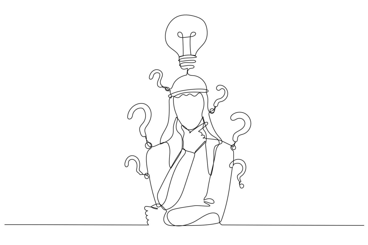 Illustration of arab businessman with question mark and lamp. Continuous line art style vector