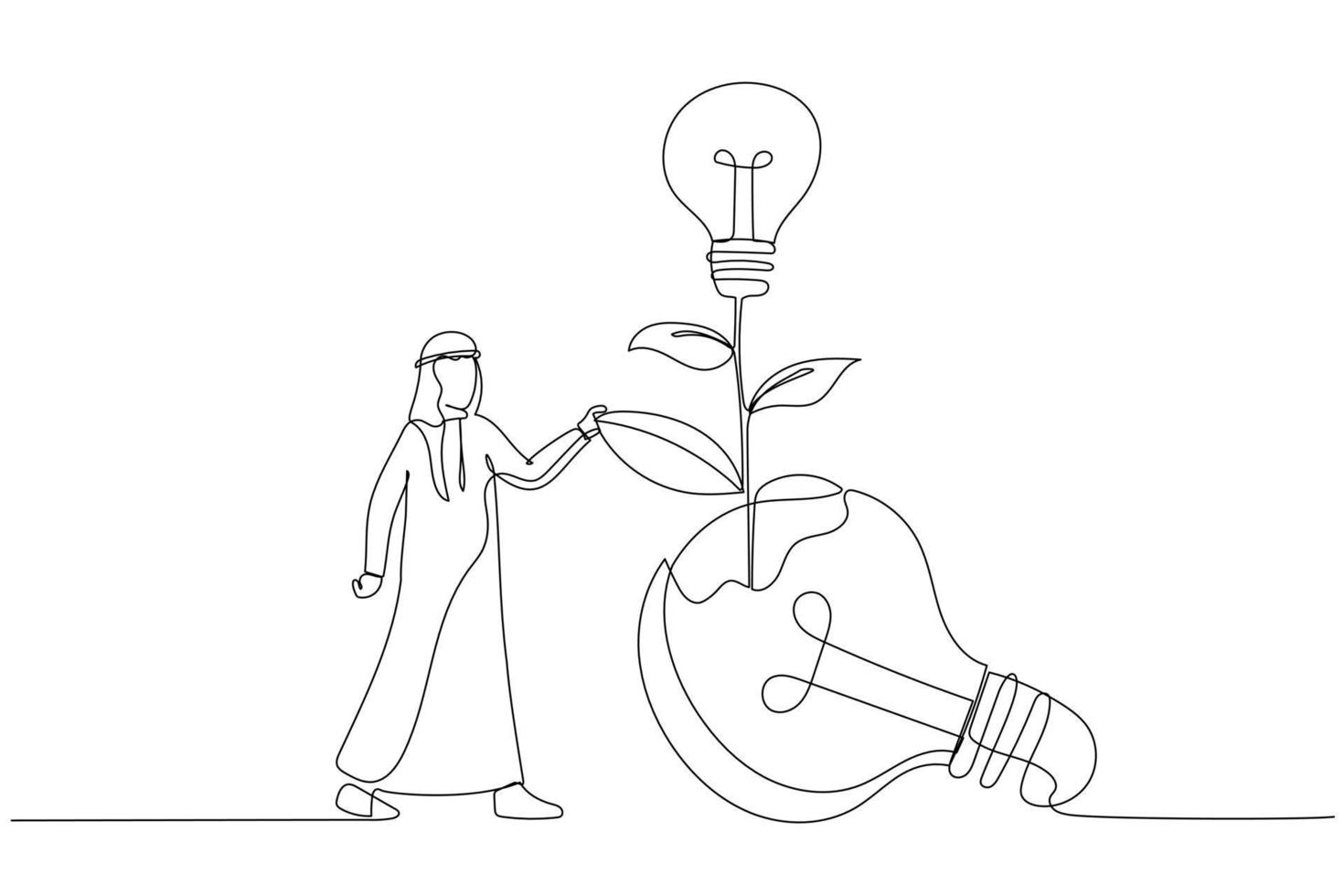 Illustration of arab businessman look at seedling bright lightbulb idea plant grow from broken one. Single line art style vector