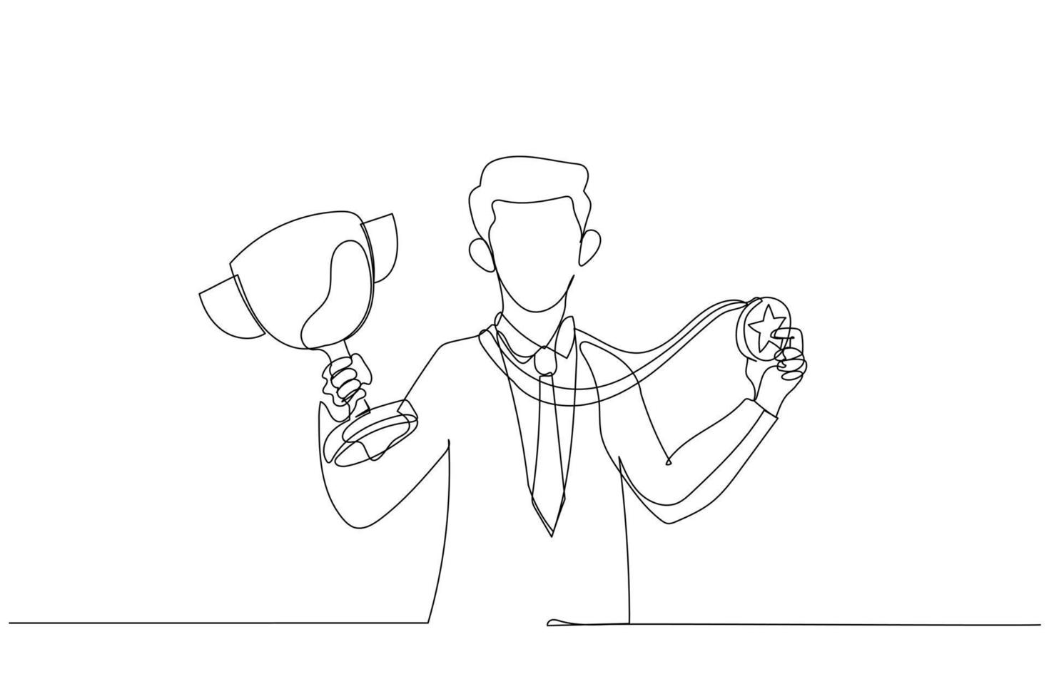 Cartoon of businessman standing holding golden medal and first prize trophy. One line style art vector