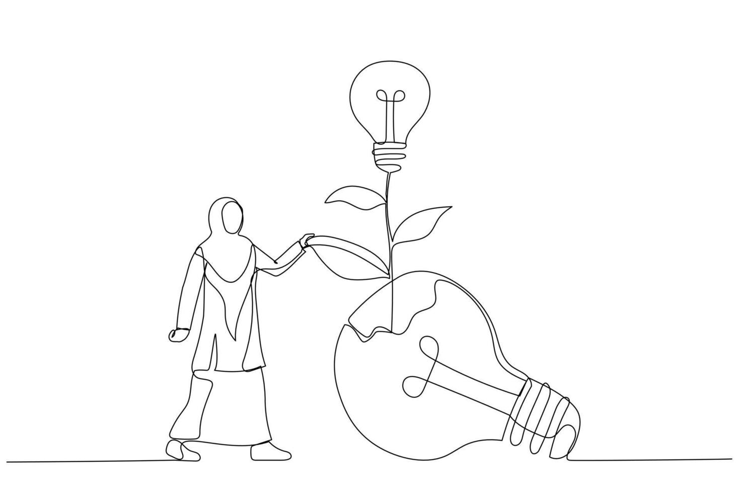 Drawing of muslim businesswoman look at seedling bright lightbulb idea plant grow from broken one. Single line art style vector