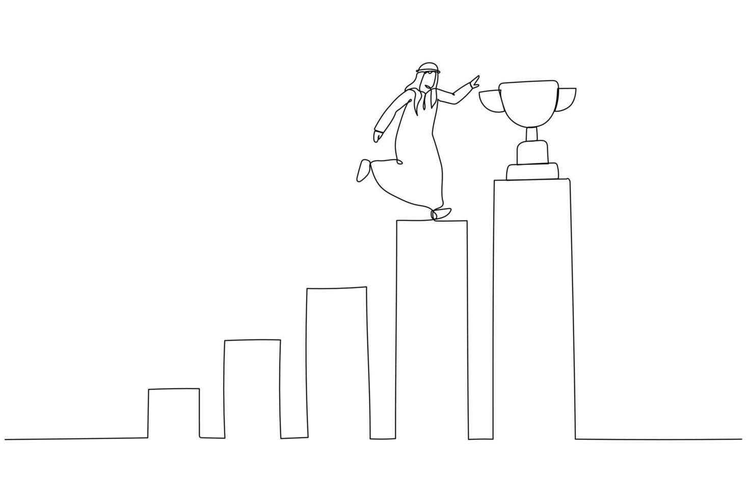 Cartoon of winning arab businessman step up growing bar graph to win the trophy success concept. Single continuous line art style vector