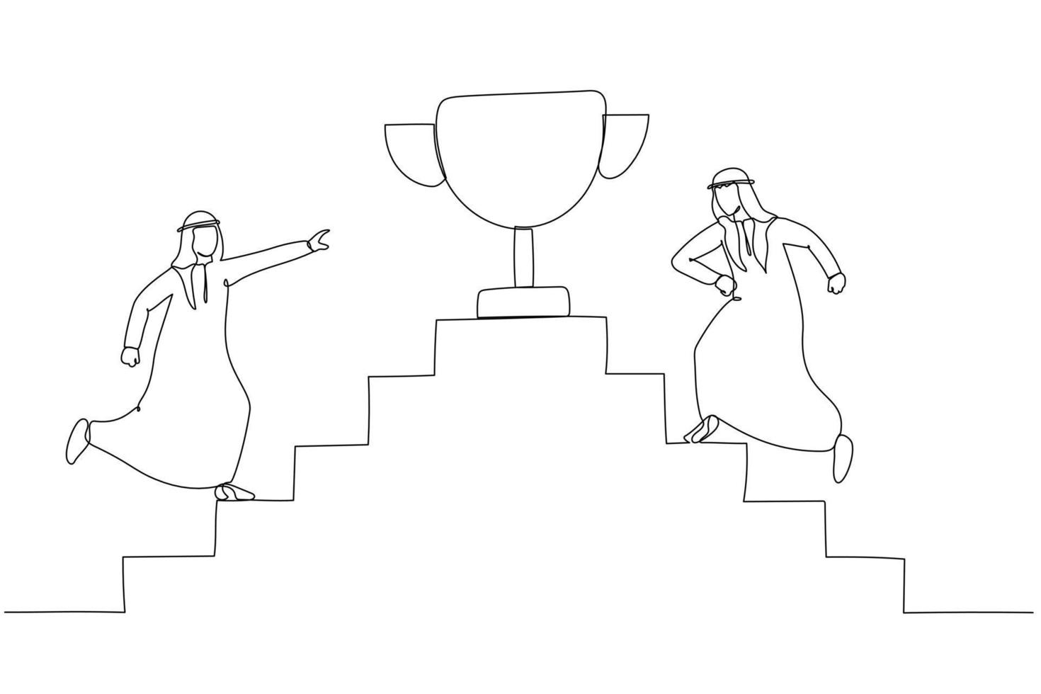 ilustración de un hombre de negocios árabe que sube las escaleras compite para ganar un trofeo sobre la competencia. un estilo de arte de línea continua vector