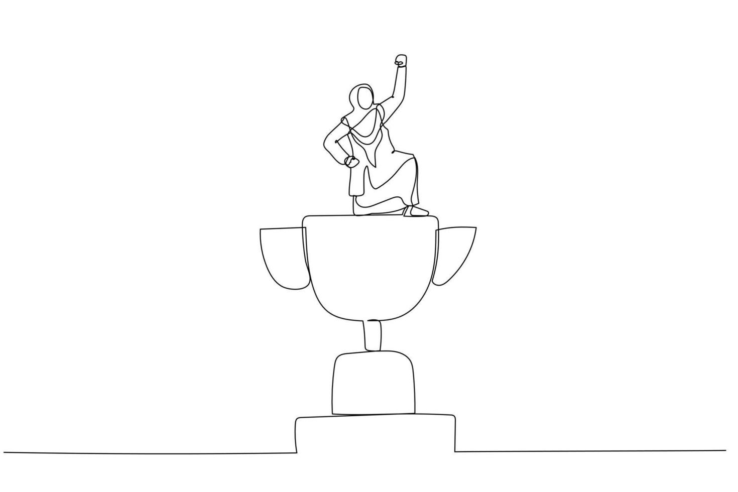 Drawing of muslim businesswoman winner raising flag on winning trophy get victory. Single line art style vector