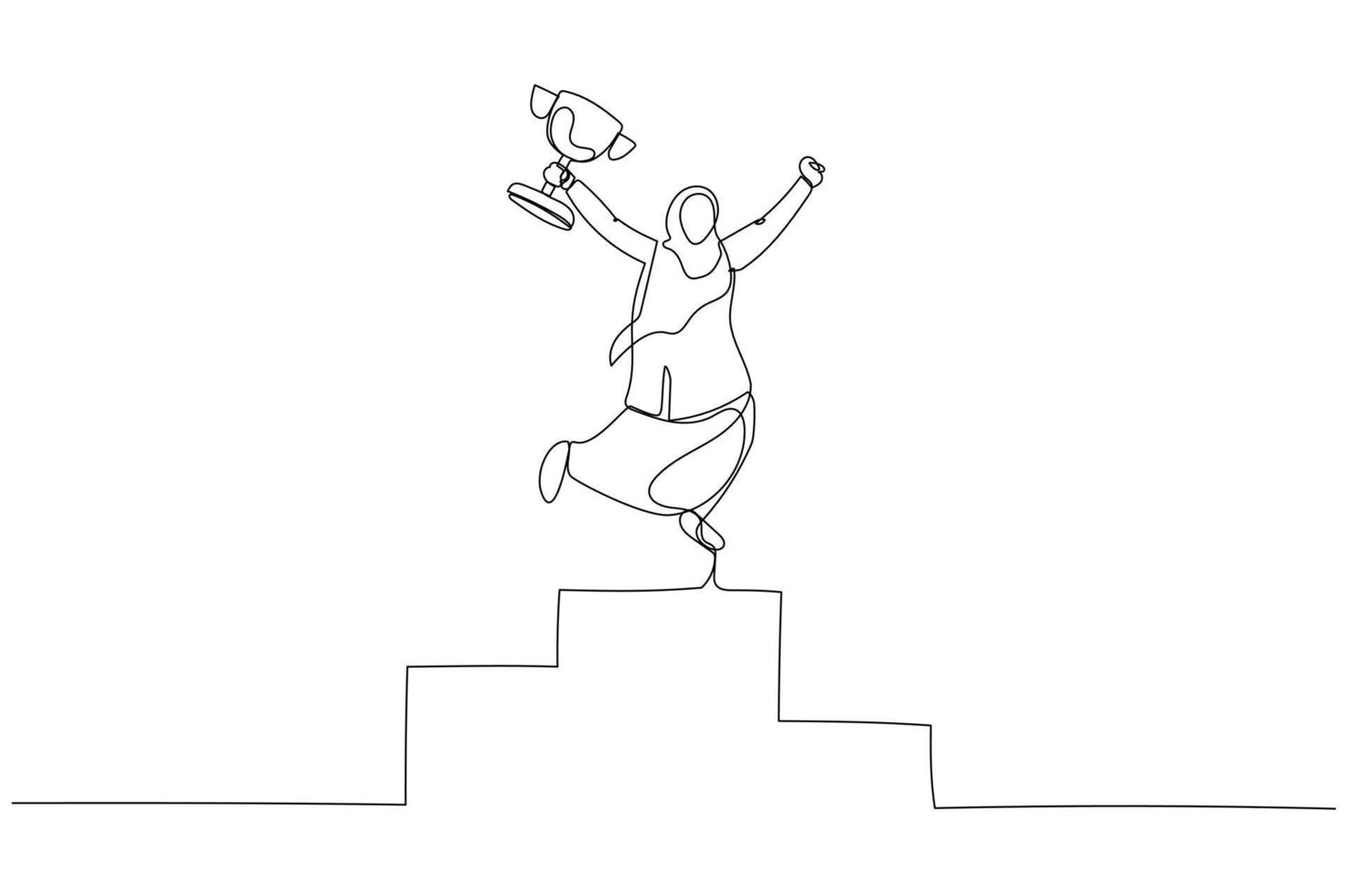 Drawing of muslim businesswoman receive trophy on podium happy first winner. Single line art style vector