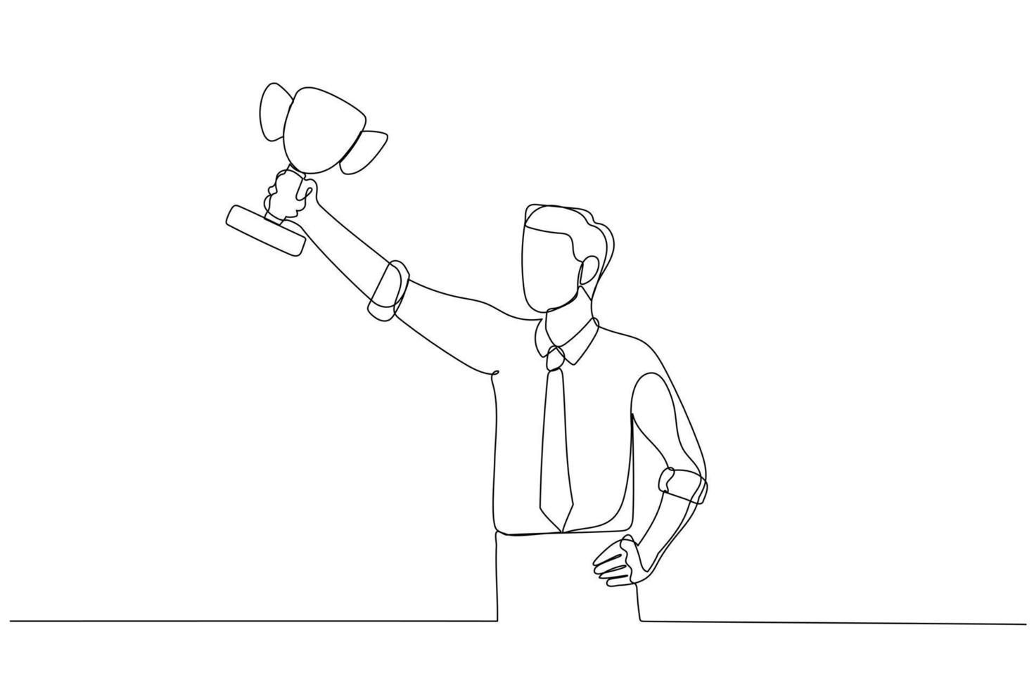 Cartoon of businessman hold award trophy concept of successful. One continuous line art style vector