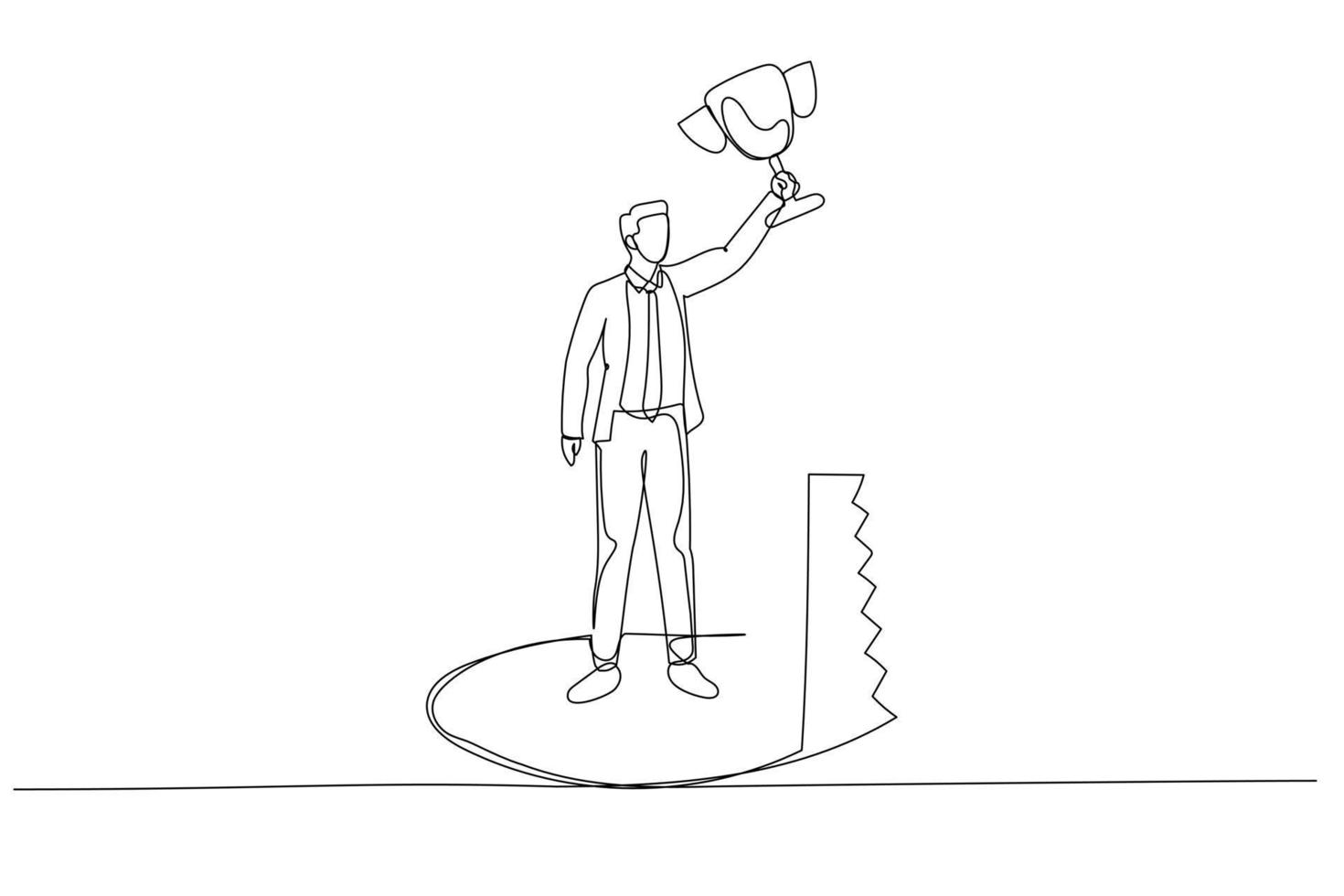 Drawing of businessman holding trophy but get betrayed by someone. Single continuous line art style vector