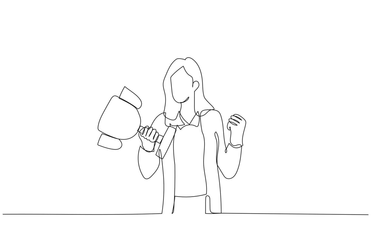 Drawing of businesswoman celebrate success holding winning trophy. Single continuous line art style vector