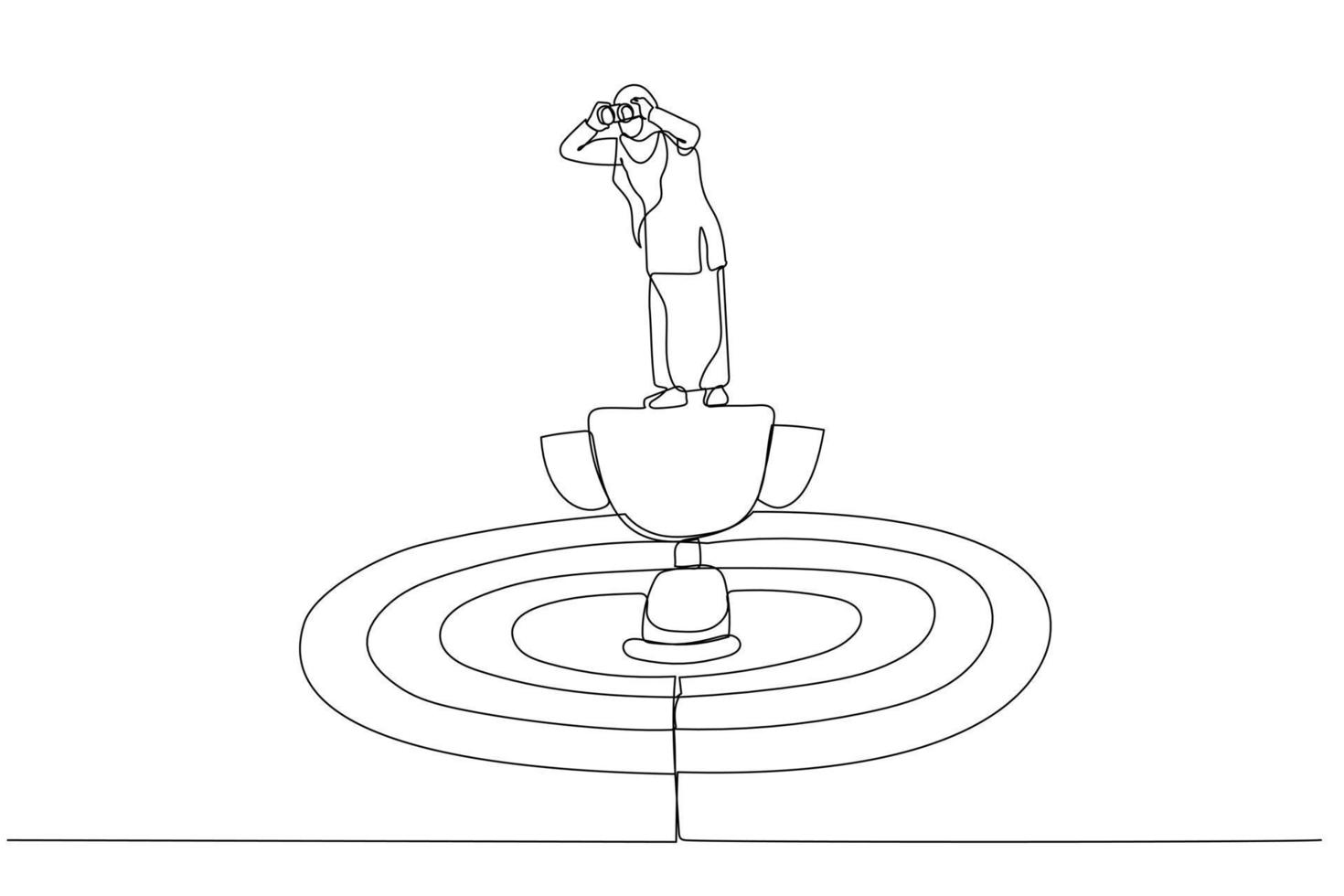 Cartoon of businessmen standing above trophy on dartboard using binoculars. Single continuous line art vector