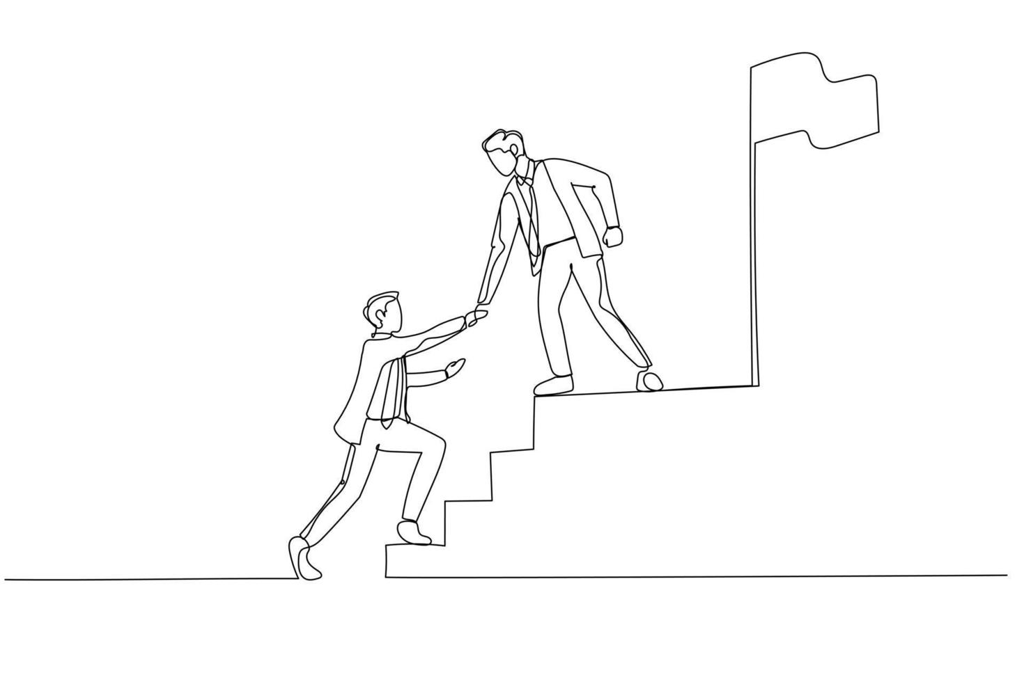 Illustration of businessman help friend to succeed and reach goal achieve target. Single line art style vector