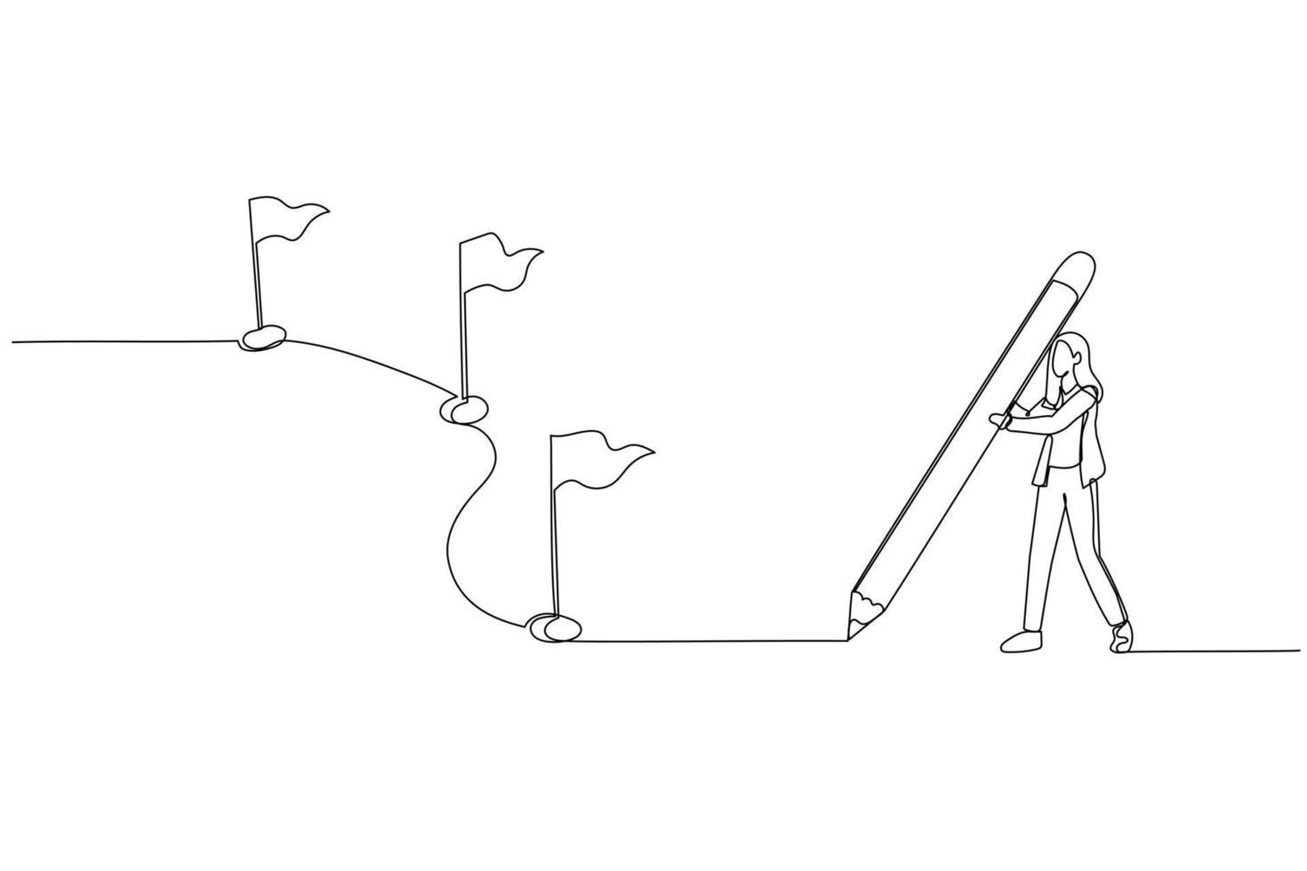 Drawing of businesswoman using pencil draw line with flag as milestones. Continuous line art style vector