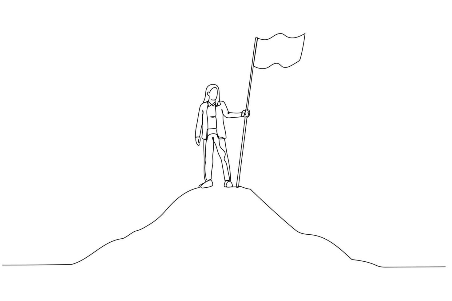 Illustration of businesswoman with flag on mountain top over sky concept of business success. Single continuous line art vector