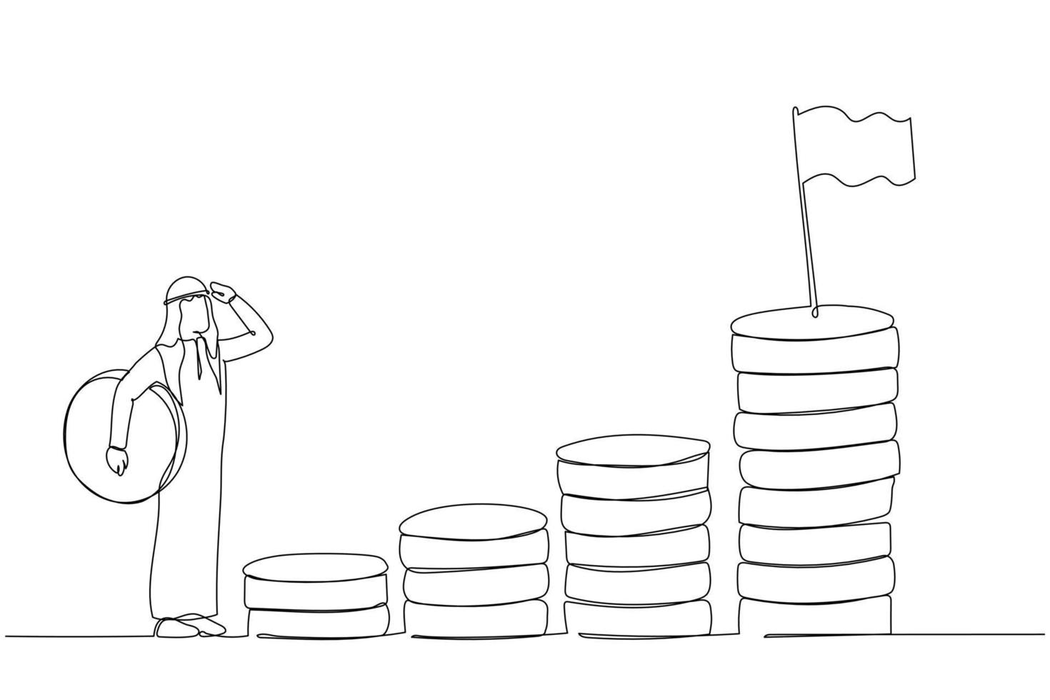 dibujo de un hombre de negocios árabe que lleva una moneda de dinero paso de inicio en la pila de dinero compuesto comenzar a invertir. estilo de arte de línea continua única vector