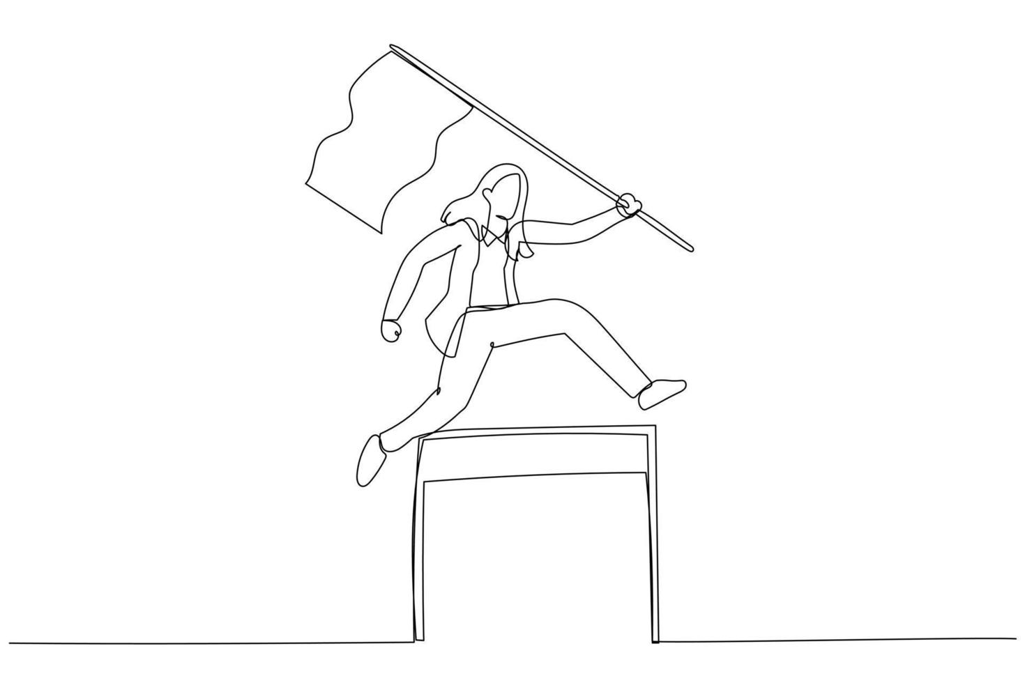 Cartoon of businesswoman competing in race holding a leader flag jumping over obstacle concept of determination. Single continuous line art style vector