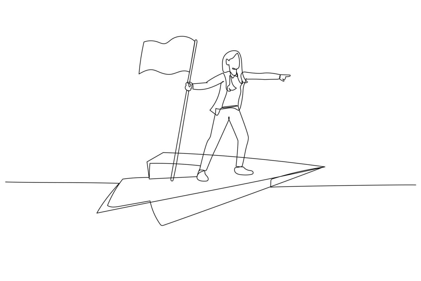 dibujo de una mujer de negocios volando con un avión de papel concepto de descubrimiento. arte de estilo de una línea vector