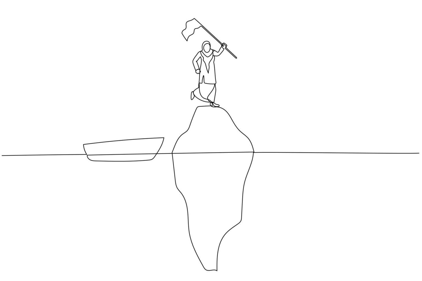 Drawing of muslim business woman holding flag at peak of iceberg concept of illusion. One continuous line art style vector