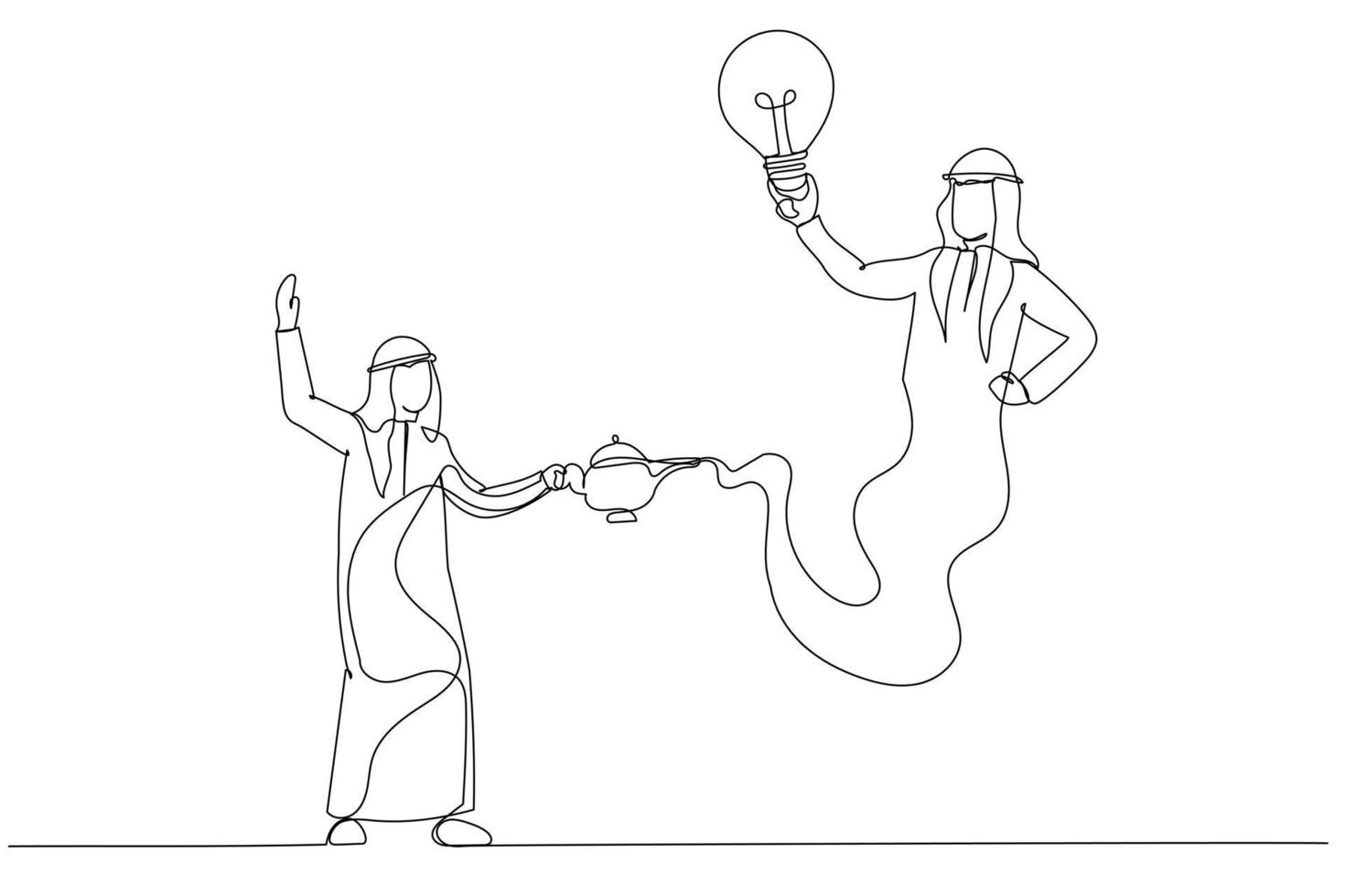 Drawing of arab businessman genie holding idea bulb come out of magic lamp. Assistance concept. Single continuous line art style vector