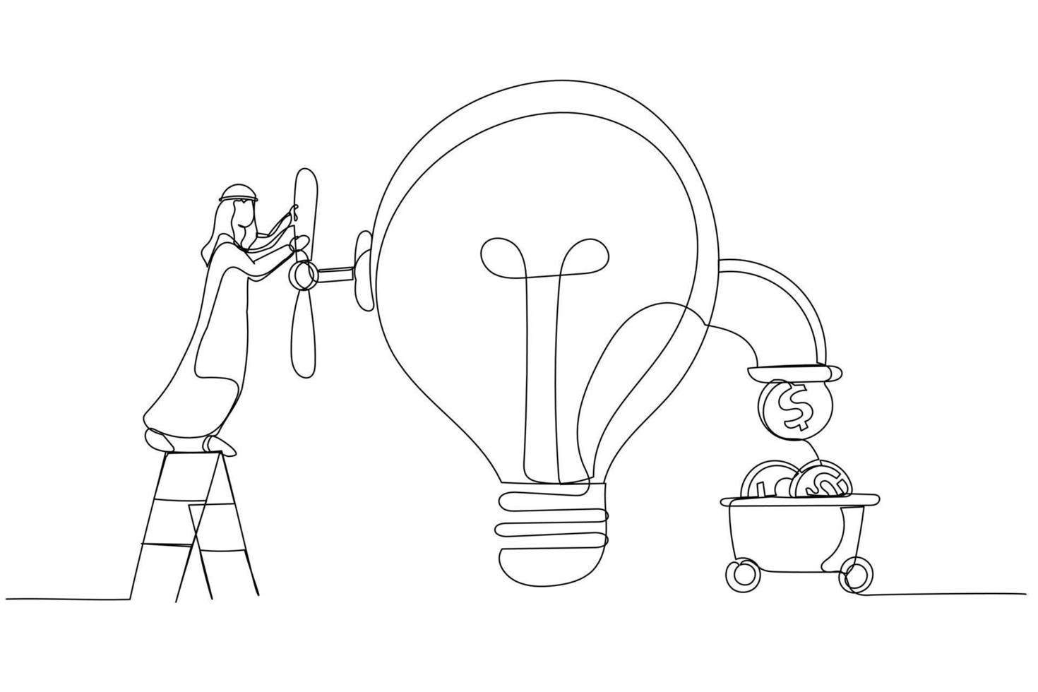 Cartoon of arab businessman open lightbulb idea faucet to earn money coins. Idea to make money. One line art style vector