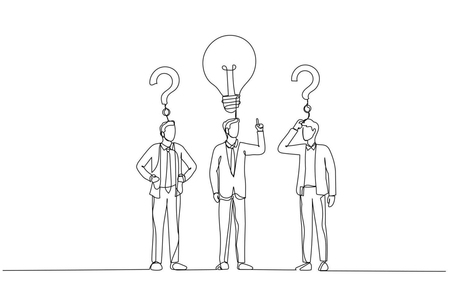 Cartoon of businessman with question sings and lamp idea concept of find right decision. One line style art vector